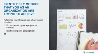 IDENTIFY KEY METRICS
THAT YOU AS AN
ORGANIZATION ARE
TRYING TO ACHIEVE
Reference your strategic plan when you set
priorities.
• Do you want to grow a program or
service?
• Start serving new geographies?
??
 