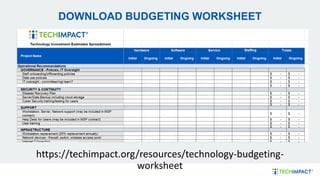 DOWNLOAD BUDGETING WORKSHEET
https://techimpact.org/resources/technology-budgeting-
worksheet
 