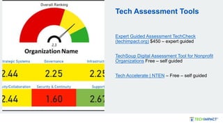 Tech Assessment Tools
Expert Guided Assessment TechCheck
(techimpact.org) $450 – expert guided
TechSoup Digital Assessment Tool for Nonprofit
Organizations Free – self guided
Tech Accelerate | NTEN – Free – self guided
 