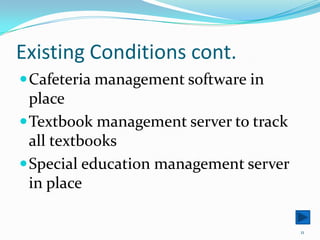 Existing Conditions cont.Cafeteria management software in placeTextbook management server to track all textbooksSpecial education management server in place11