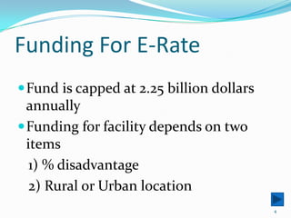 Funding For E-RateFund is capped at 2.25 billion dollars annuallyFunding for facility depends on two items  1) % disadvantage  2) Rural or Urban location4