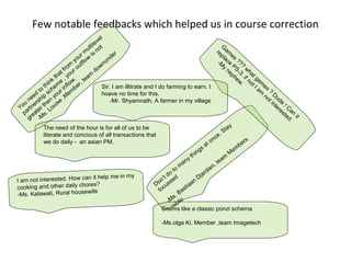 Few notable feedbacks which helped us in course correction
                                              l
                                            ve
                                       ti le t                                                                  G
                                     ul o                                                                    re am
                                  r m is n           er                                                        pl es
                                ou low
                               y tf                nd                                                             a
                                                                                                              -M ce ???
                             m                  nu                                                               y PS w
                           ro ou           do
                                             w                                                                     ne -3 h
                        t f our                                                                                       ph . i at
                     tha , y .         m
                                                                                                                         ew f n ga
                   k                ea
                 in me flow r, t                                                                                           . ot I m e
               th e in be                     Sir. I am illitrate and I do farming to earn. I                                    am s ?
            to sch ur m
          d           o      e                hoave no time for this.                                                               no Du
      n ee hip n y ,M                               -Mr. Shyamnath, A farmer in my village                                            t i de
    u ers the uise                                                                                                                       nt !
  Yo rtn er Lo                                                                                                                             er C
                                                                                                                                             es an
     a at .
    p e                                                                                                                                        t e it
      gr -Ms                                                                                                                                      d.
              The need of the hour is for all of us to be                                                            ay
                                                                                                                  St
              literate and concious of all transactions that                                                  e.
              we do daily - an asian PM.                                                                 o nc                 rs
                                                                                                     at                    be
                                                                                                  gs                    em
                                                                                              hin                     M
                                                                                           yt                    am
                                                                                       an                     te
                                                                                     m                     n,
                                                                                  to                   die
                                                                               o                    ar
I am not intere      sted. How can it help me in
                                                          my               ’t d e d
                                                                         n s                     Dj
                                                                      Do cus                 an
cookin   g and other daily chores?                                                      st ia
                                                                        fo
-Ms. Kalawati, Rural house
                                     wife                                            Ba
                                                                                  s. .
                                                                              -M blic
                                                                                 re
                                                                         Seems like a classic ponzi schema

                                                                            -Ms.olga Ki, Member ,team Imagetech
 