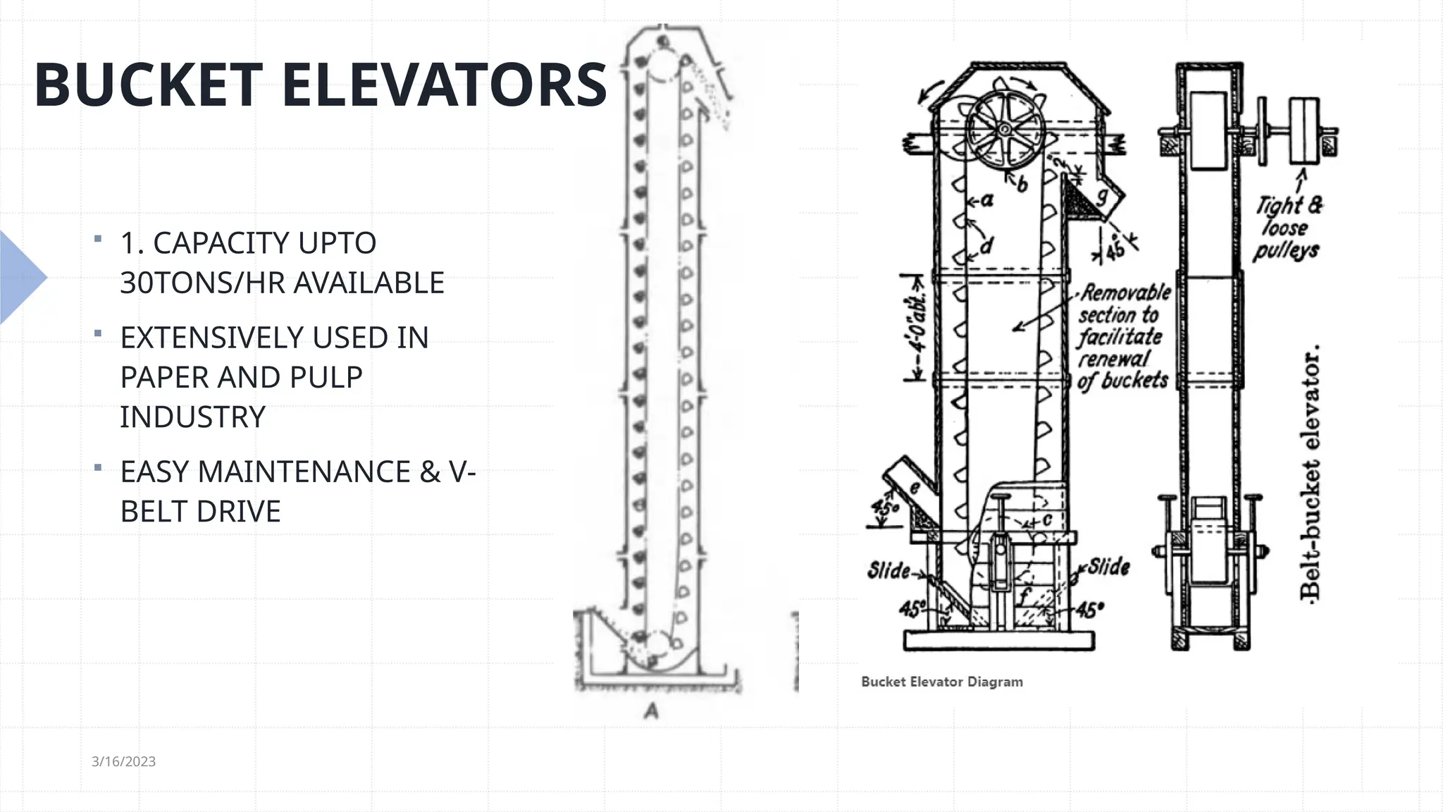 4
 1. CAPACITY UPTO
30TONS/HR AVAILABLE
 EXTENSIVELY USED IN
PAPER AND PULP
INDUSTRY
 EASY MAINTENANCE & V-
BELT DRIVE
BUCKET ELEVATORS
3/16/2023
 