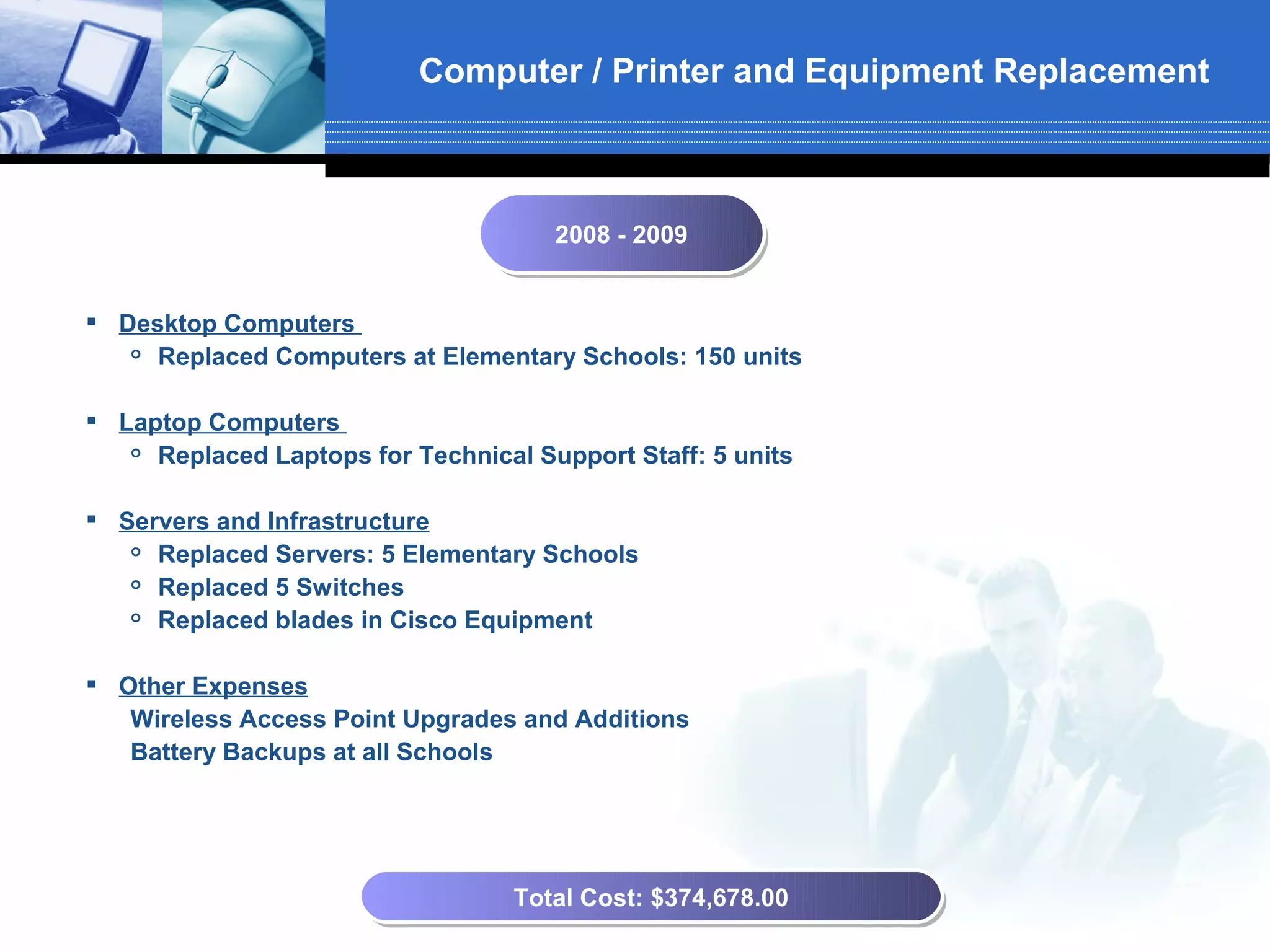 Computer / Printer and Equipment Replacement



                                      2008 -- 2009
                                      2008 2009


 Desktop Computers
   
     Replaced Computers at Elementary Schools: 150 units

 Laptop Computers
    Replaced Laptops for Technical Support Staff: 5 units




 Servers and Infrastructure
   
     Replaced Servers: 5 Elementary Schools
   
     Replaced 5 Switches
   
     Replaced blades in Cisco Equipment

 Other Expenses
   Wireless Access Point Upgrades and Additions
   Battery Backups at all Schools




                                   Total Cost: $374,678.00
                                   Total Cost: $374,678.00
 