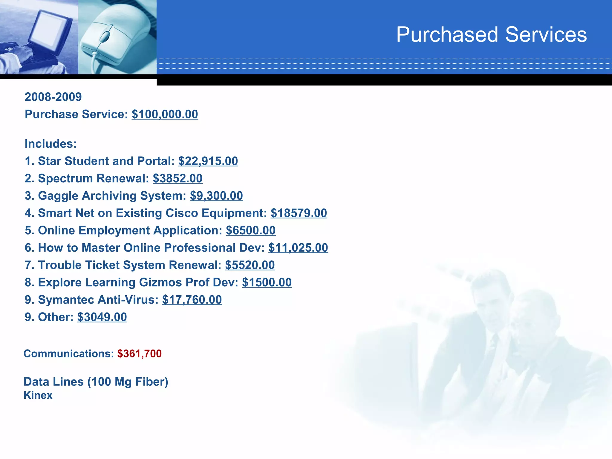 Purchased Services

2008-2009
Purchase Service: $100,000.00

Includes:
1. Star Student and Portal: $22,915.00
2. Spectrum Renewal: $3852.00
3. Gaggle Archiving System: $9,300.00
4. Smart Net on Existing Cisco Equipment: $18579.00
5. Online Employment Application: $6500.00
6. How to Master Online Professional Dev: $11,025.00
7. Trouble Ticket System Renewal: $5520.00
8. Explore Learning Gizmos Prof Dev: $1500.00
9. Symantec Anti-Virus: $17,760.00
9. Other: $3049.00


Communications: $361,700

Data Lines (100 Mg Fiber)
Kinex
 