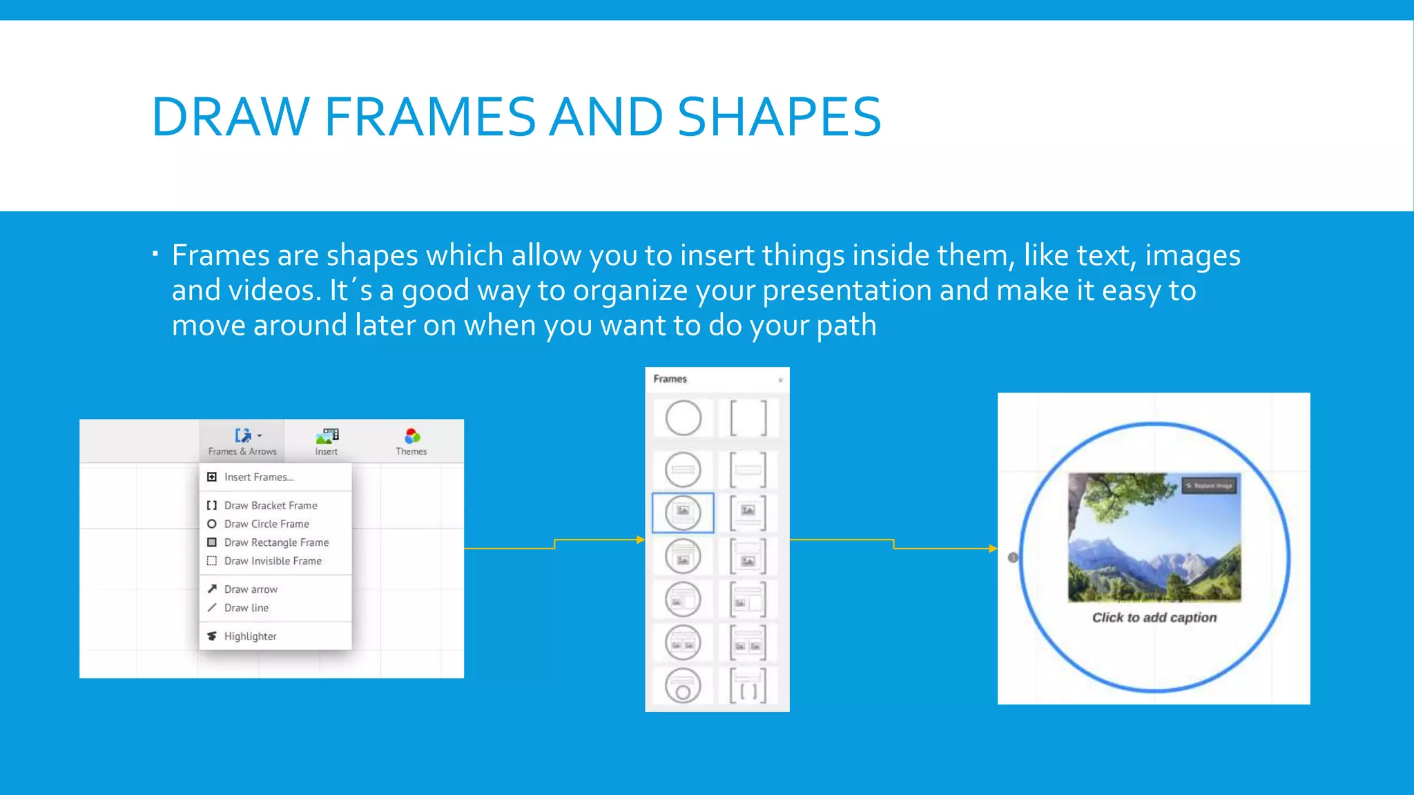 DRAW FRAMES AND SHAPES
 Frames are shapes which allow you to insert things inside them, like text, images
and videos. It´s a good way to organize your presentation and make it easy to
move around later on when you want to do your path

 