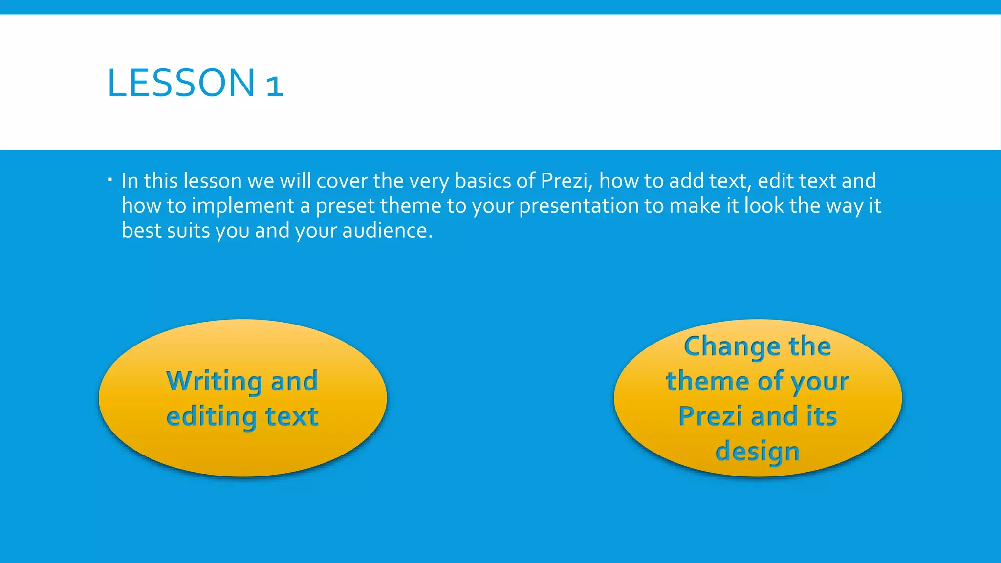 LESSON 1
 In this lesson we will cover the very basics of Prezi, how to add text, edit text and
how to implement a preset theme to your presentation to make it look the way it
best suits you and your audience.

Writing and
editing text

Change the
theme of your
Prezi and its
design

 
