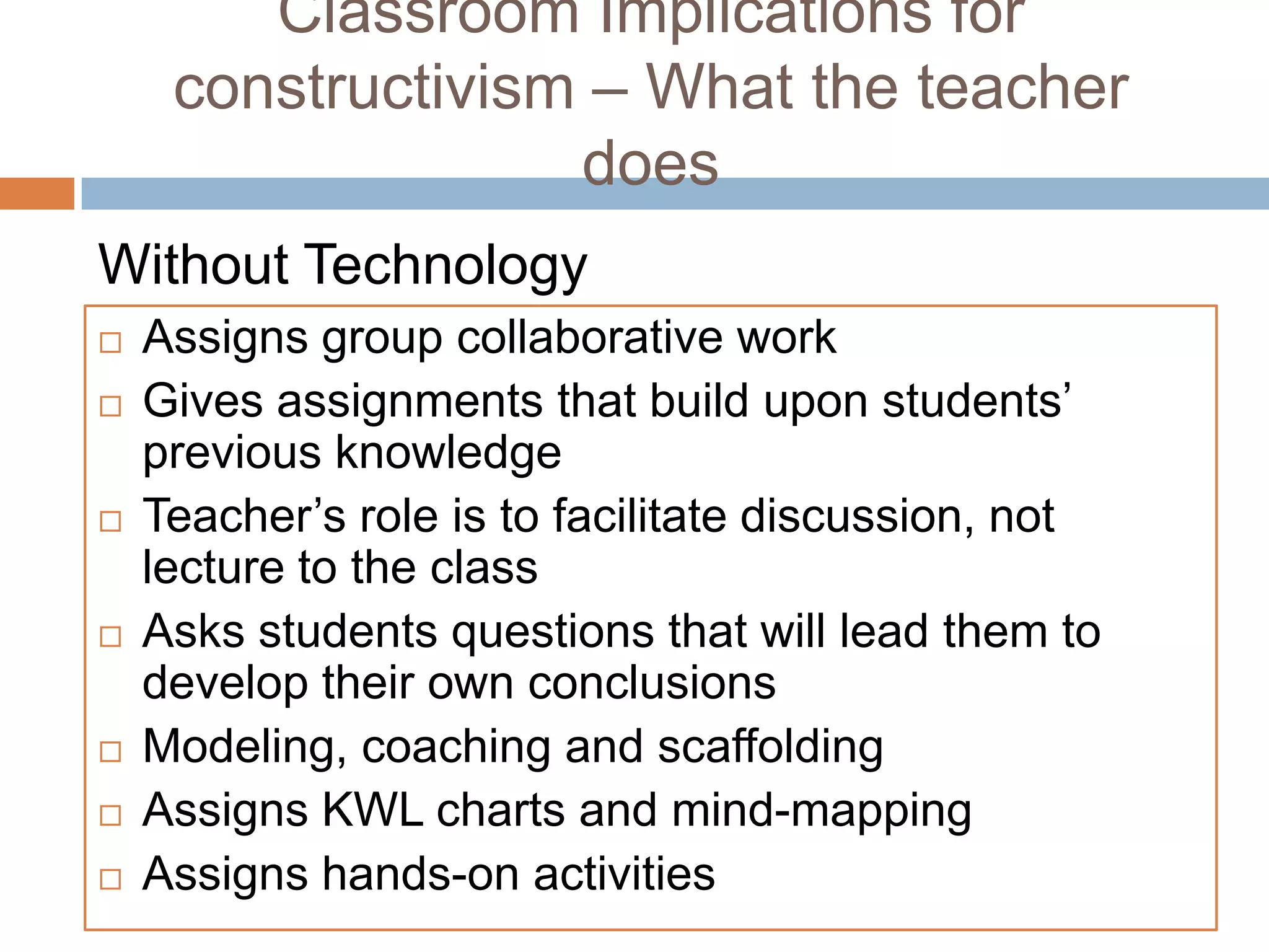 Classroom Implications for
     constructivism – What the teacher
                   does
Without Technology
   Assigns group collaborative work
   Gives assignments that build upon students’
    previous knowledge
   Teacher’s role is to facilitate discussion, not
    lecture to the class
   Asks students questions that will lead them to
    develop their own conclusions
   Modeling, coaching and scaffolding
   Assigns KWL charts and mind-mapping
   Assigns hands-on activities
 