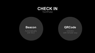 Automatically
with BLE
QRCodeBeacon
Checkin
with Simple way
TechPulse
CHECK IN
 