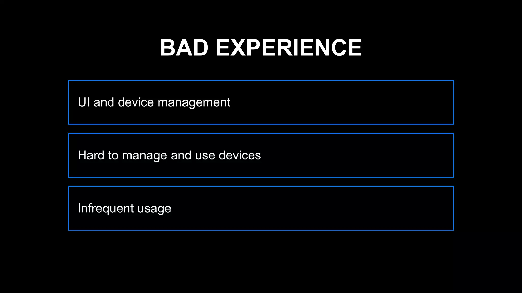 UI and device management
Hard to manage and use devices
Infrequent usage
BAD EXPERIENCE
 