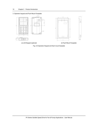 10 Chapter 2 Product Introduction
PV Series Variable Speed Drive for Fan & Pumps Applications User Manual
3. Operation keypad and Flush Mount Faceplate
a) LCD Keypad (optional) b) Flush Mount Faceplate
Fig. 2-4 Operation Keypad and flush mount faceplate
 