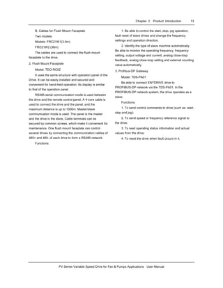 Chapter 2 Product Introduction 13
PV Series Variable Speed Drive for Fan & Pumps Applications User Manual
B. Cables for Flush Mount Faceplate
Two models:
Models: FRC21W1(3.0m)
FRC21W2 (30m)
The cables are used to connect the flush mount
faceplate to the drive.
2. Flush Mount Faceplate
Model: TDO-RC02
It uses the same structure with operation panel of the
Drive. It can be easily installed and secured and
convenient for hand-held operation. Its display is similar
to that of the operation panel.
RS485 serial communication mode is used between
the drive and the remote control panel. A 4-core cable is
used to connect the drive and the panel, and the
maximum distance is up to 1000m. Master/slave
communication mode is used. The panel is the master
and the drive is the slave. Cable terminals can be
secured by common screws, which make it convenient for
maintenance. One flush mount faceplate can control
several drives by connecting the communication cables of
485+ and 485- of each drive to form a RS485 network.
Functions:
1. Be able to control the start, stop, jog operation,
fault reset of slave drives and change the frequency
settings and operation direction.
2. Identify the type of slave machine automatically.
Be able to monitor the operating frequency, frequency
setting, output voltage and current, analog close-loop
feedback, analog close-loop setting and external counting
value automatically.
3. Profibus-DP Gateway
Model: TDS-PA01
Be able to connect ENYDRIVE drive to
PROFIBUS-DP network via the TDS-PA01. In the
PROFIBUS-DP network system, the drive operates as a
slave.
Functions:
1. To send control commands to drive (such as: start,
stop and jog);
2. To send speed or frequency reference signal to
the drive;
3. To read operating status information and actual
values from the drive;
4. To reset the drive when fault occurs in it.
 