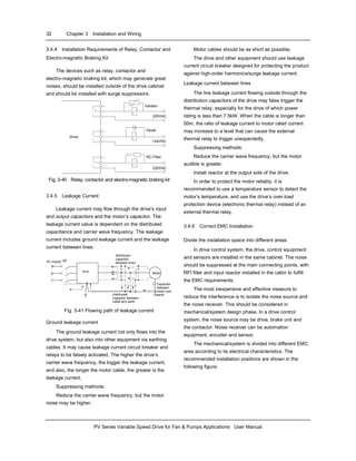 32 Chapter 3 Installation and Wiring
PV Series Variable Speed Drive for Fan & Pumps Applications User Manual
3.4.4 Installation Requirements of Relay, Contactor and
Electro-magnetic Braking Kit
The devices such as relay, contactor and
electro-magnetic braking kit, which may generate great
noises, should be installed outside of the drive cabinet
and should be installed with surge suppressors.
220VAC
Varistor
Diode
Drive
220VAC
RC-Filter
+24VDC
Fig. 3-40 Relay, contactor and electro-magnetic braking kit
3.4.5 Leakage Current
Leakage current may flow through the drive’s input
and output capacitors and the motor’s capacitor. The
leakage current value is dependent on the distributed
capacitance and carrier wave frequency. The leakage
current includes ground leakage current and the leakage
current between lines.
AC supply
drive
distributed
capacitor
between lines
Motor
distributed
capacitor between
cable and earth
Capacitor
between
motor and
earth
R
S
T
QF
Fig. 3-41 Flowing path of leakage current
Ground leakage current
The ground leakage current not only flows into the
drive system, but also into other equipment via earthing
cables. It may cause leakage current circuit breaker and
relays to be falsely activated. The higher the drive’s
carrier wave frequency, the bigger the leakage current,
and also, the longer the motor cable, the greater is the
leakage current,
Suppressing methods:
Reduce the carrier wave frequency, but the motor
noise may be higher.
Motor cables should be as short as possible;
The drive and other equipment should use leakage
current circuit breaker designed for protecting the product
against high-order harmonics/surge leakage current;
Leakage current between lines
The line leakage current flowing outside through the
distribution capacitors of the drive may false trigger the
thermal relay, especially for the drive of which power
rating is less than 7.5kW. When the cable is longer than
50m, the ratio of leakage current to motor rated current
may increase to a level that can cause the external
thermal relay to trigger unexpectedly.
Suppressing methods:
Reduce the carrier wave frequency, but the motor
audible is greater.
Install reactor at the output side of the drive.
In order to protect the motor reliably, it is
recommended to use a temperature sensor to detect the
motor’s temperature, and use the drive’s over-load
protection device (electronic thermal relay) instead of an
external thermal relay.
3.4.6 Correct EMC Installation
Divide the installation space into different areas
In drive control system, the drive, control equipment
and sensors are installed in the same cabinet. The noise
should be suppressed at the main connecting points, with
RFI filter and input reactor installed in the cabin to fulfill
the EMC requirements.
The most inexpensive and effective measure to
reduce the interference is to isolate the noise source and
the noise receiver. This should be considered in
mechanical/system design phase. In a drive control
system, the noise source may be drive, brake unit and
the contactor. Noise receiver can be automation
equipment, encoder and sensor.
The mechanical/system is divided into different EMC
area according to its electrical characteristics. The
recommended installation positions are shown in the
following figure:
 