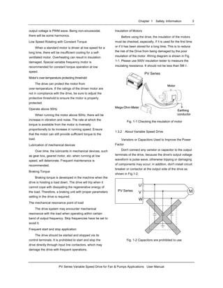 Chapter 1 Safety Information 3
PV Series Variable Speed Drive for Fan & Pumps Applications User Manual
output voltage is PWM wave. Being non-sinuosoidal,
there will be some harmonics.
Low Speed Rotating with Constant Torque
When a standard motor is driven at low speed for a
long time, there will be insufficient cooling for a self-
ventilated motor. Overheating can result in insulation
damaged. Special variable frequency motor is
recommended for constant torque operation at low
speed.
Motor’s over-temperature protecting threshold
The drive can protect the motor from
over-temperature. If the ratings of the driven motor are
not in compliance with the drive, be sure to adjust the
protective threshold to ensure the motor is properly
protected.
Operate above 50Hz
When running the motor above 50Hz, there will be
increase in vibration and noise. The rate at which the
torque is available from the motor is inversely
proportionally to its increase in running speed. Ensure
that the motor can still provide sufficient torque to the
load.
Lubrication of mechanical devices
Over time, the lubricants in mechanical devices, such
as gear box, geared motor, etc. when running at low
speed, will deteriorate. Frequent maintenance is
recommended.
Braking Torque
Braking torque is developed in the machine when the
drive is hoisting a load down. The drive will trip when it
cannot cope with dissipating the regenerative energy of
the load. Therefore, a braking unit with proper parameters
setting in the drive is required.
The mechanical resonance point of load
The drive system may encounter mechanical
resonance with the load when operating within certain
band of output frequency. Skip frequencies have be set to
avoid it.
Frequent start and stop application
The drive should be started and stopped via its
control terminals. It is prohibited to start and stop the
drive directly through input line contactors, which may
damage the drive with frequent operations.
Insulation of Motors
Before using the drive, the insulation of the motors
must be checked, especially, if it is used for the first time
or if it has been stored for a long time. This is to reduce
the risk of the Drive from being damaged by the poor
insulation of the motor. Wiring diagram is shown in Fig.
1-1. Please use 500V insulation tester to measure the
insulating resistance. It should not be less than 5MΩ.
PV Series
Motor
Mega-Ohm-Meter
Earthing
conductor
PV Series
Motor
Mega-Ohm-Meter
Earthing
conductor
Motor
Mega-Ohm-Meter
Earthing
conductor
PV Series
Fig. 1-1 Checking the insulation of motor
1.3.2 About Variable Speed Drive
Varistors or Capacitors Used to Improve the Power
Factor
Don't connect any varistor or capacitor to the output
terminals of the drive, because the drive's output voltage
waveform is pulse wave, otherwise tripping or damaging
of components may occur; in addition, don't install circuit
breaker or contactor at the output side of the drive as
shown in Fig.1-2.
M
U
V
W
PV Sei r esPV Series
Fig. 1-2 Capacitors are prohibited to use.
 
