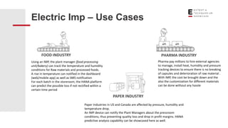 Electric Imp – Use Cases
FOOD INDUSTRY PHARMA INDUSTRY
PAPER INDUSTRY
Paper Industries in US and Canada are affected by pressure, humidity and
temperature drop.
An IMP device can notify the Plant Managers about the pressroom
conditions, thus preventing quality loss and drop in profit margins. HANA
predictive analysis capability can be showcased here as well.
Pharma pay millions to hire external agencies
to manage, install heat, humidity and pressure
tracking devices to ensure there is no breaking
of capsules and deterioration of raw material .
With IMP, the cost be brought down and the
also the customization for different materials
can be done without any hassle
Using an IMP, the plant manager (food processing
unit/bakery) can track the temperature and humidity
conditions for Raw materials and processed foods.
A rise in temperature can notified in the dashboard
(web/mobile app) as well as SMS notification
For each batch in the storeroom, the HANA platform
can predict the possible loss if not rectified within a
certain time period
 