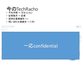 今のTechRacho
• 平均月間 〜 万セッション
• 記事数月 〜 記事
• 採用応募実績年 〜>
• 問い合わせ実績月 〜（7月）
BPS inner Confidential
一応confidential
 