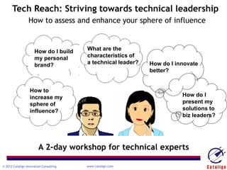 Tech Reach: Striving towards technical leadership
                 How to assess and enhance your sphere of influence



                     How do I build     What are the
                     my personal        characteristics of
                     brand?             a technical leader?   How do I innovate
                                                              better?


                  How to
                  increase my                                            How do I
                  sphere of                                              present my
                  influence?                                             solutions to
                                                                         biz leaders?




                        A 2-day workshop for technical experts

© 2012 Catalign Innovation Consulting   www.catalign.com
 