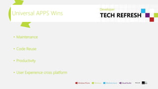 Universal APPS Wins
• Maintenance
• Code Reuse
• Productivity
• User Experience cross platform
 