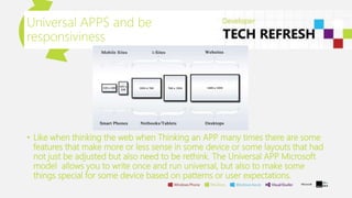 Universal APPS and be
responsiviness
• Like when thinking the web when Thinking an APP many times there are some
features that make more or less sense in some device or some layouts that had
not just be adjusted but also need to be rethink. The Universal APP Microsoft
model allows you to write once and run universal, but also to make some
things special for some device based on patterns or user expectations.
 
