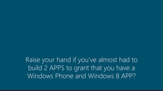 Raise your hand if you’ve almost had to
build 2 APPS to grant that you have a
Windows Phone and Windows 8 APP?
 