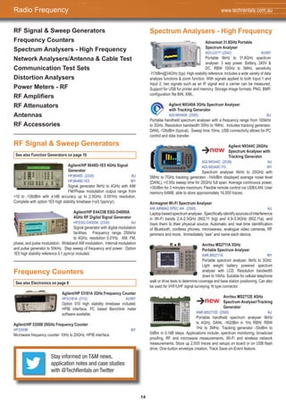 14
RF Signal & Sweep Generators
Frequency Counters
Spectrum Analysers - High Frequency
Network Analysers/Antenna & Cable Test
Communication Test Sets
Distortion Analysers
Power Meters - RF
RF Ampliﬁers
RF Attenuators
Antennas
RF Accessories
See also Function Generators on page 10
Agilent/HP 8648D-1E5 4GHz Signal
Generator
HP,8648D (2330) AU
HP,8648D-1E5 MY
Signal generator 9kHz to 4GHz with AM/
FM/Phase modulation output range from
+10 to -136dBm with ±1dB accuracy up to 2.5GHz. 0.001Hz resolution.
Complete with option 1E5 high stability timebase (<±0.1ppm/yr).
Agilent/HP E4433B ESG-D4000A
4GHz RF Digital Signal Generator
HP,ESG-D4000A (2335) AU
Signal generator with digital modulation
facilities. Frequency range 250kHz
to 4GHz, resolution 0.01Hz. AM, FM,
phase, and pulse modulation. Wideband AM modulation. Internal modulation
and pulse generator to 50kHz. Step sweep of frequency and power. Option
1E5 high stability reference 0.1 ppm/yr included.
Frequency Counters
See also Electronics on page 8
Agilent/HP 53181A 3GHz Frequency Counter
HP,53181A (3112) AU/MY
Option 010 high stability timebase included.
HPIB interface. PC based Benchlink meter
software available.
Agilent/HP 5350B 20GHz Frequency Counter
HP,5350B MY
Microwave frequency counter. 10Hz to 20GHz. HPIB interface.
Spectrum Analysers - High Frequency
Advantest 31.8GHz Portable
Spectrum Analyser
ADV,U3771 (2540) AU/MY
Portable 9kHz to 31.8GHz spectrum
analyser. 3 way power. Battery, 240V &
DC. RBW 100Hz to 3MHz, sensitivity
-117dBm@34GHz (typ). High-stability reference. Includes a wide variety of data
analysis functions & zoom function. With signals applied to both Input 1 and
Input 2, two signals such as an IF signal and a carrier can be measured.
Support for USB for printer and memory. Storage image formats: PNG, BMP,
configuration file BIN, XML.
Agilent N9340A 3GHz Spectrum Analyser
with Tracking Generator
AGI,N9340A (2565) AU
Portable handheld spectrum analyser with a frequency range from 100kHz
to 3GHz. Resolution bandwidth 30Hz to 1MHz. Includes tracking generator.
DANL -126dBm (typical). Sweep time 10ms. USB connectivity allows for PC
control and data transfer.
Agilent N9344C 20GHz
Spectrum Analyser with
Tracking Generator
AGI,N9344C (2538) AU
AGI,N9344C-TG MY
Spectrum analyser 9kHz to 20GHz with
5MHz to 7GHz tracking generator. -144dBm displayed average noise level
(DANL), <0.95s sweep time for 20GHz full span. Average continuous power,
+30dBm for 3 minutes maximum. Flexible remote control via USB/LAN. User
memory 64MB, able to store approximately 14,000 traces.
Airmagnet Wi-Fi Spectrum Analyser
AIR,AIRMAG SPEC AN (2580) AU
Laptopbasedspectrumanalyser. Specificallyidentifysourcesofinterference
in Wi-Fi bands 2.4-2.5GHz (802.11 b/g) and 4.9-5.9GHz (802.11a), and
track them to their physical source. Automatic and real time identification
of Bluetooth, cordless phones, microwaves, analogue video cameras, RF
jammers and more. Immediately “see” and name each device.
Anritsu MS2711A 3GHz
Portable Spectrum Analyser
ANR,MS2711A MY
Portable spectrum analyser, 9kHz to 3GHz.
Light weight battery powered spectrum
analyser with LCD. Resolution bandwidth
down to 10kHz. Suitable for cellular telephone
walk or drive tests to determine coverage and base station positioning. Can also
be used for VHF/UHF signal surveying. N type connector.
Anritsu MS2712E 4GHz
Spectrum Analyser/Tracking
Generator
ANR,MS2712E (2560) AU
Portable handheld spectrum analyser 9kHz
to 4GHz, DANL -162dBm in 1Hz RBW, RBW
1Hz to 3MHz. Tracking generator -50dBm to
0dBm in 0.1dB steps. Applications include, spectrum monitoring, broadcast
proofing, RF and microwave measurements, Wi-Fi and wireless network
measurements. Store up 2,000 traces and setups on board or on USB flash
drive. One-button envelope creation, Trace Save-on-Event feature.
RF Signal & Sweep Generators
Radio Frequency www.techrentals.com.au
Stay informed on T&M news,
application notes and case studies
with @TechRentals on Twitter
 