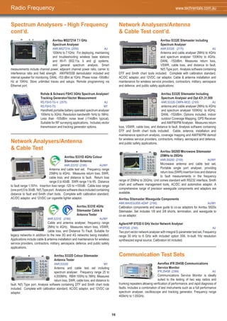 16
Spectrum Analysers - High Frequency
cont’d.
Anritsu MS2721A 7.1 GHz
Spectrum Analyser
ANR,MS2721A (2550) AU
100kHz to 7.1GHz. For deploying, maintaining
and troubleshooting wireless base stations
and Wi-Fi (802.11a, b and g) systems,
and general spectrum analysis. Smart
measurements include channel power, adjacent channel power ratio, carrier to
interference ratio and field strength. AM/FM/SSB demodulator included and
internal speaker for monitoring. DANL -153 dBm at 1GHz. Phase noise -100dBc/
Hz at 10KHz. Store unlimited traces and setups. Remote programming via
Ethernet port.
Rohde & Schwarz FSH3 3GHz Spectrum Analyser/
Tracking Generator/Vector Measurement
RS,FSH3-TG-V (2575) AU
RS,FSH3-TG MY
Handheld portable battery operated spectrum analyser
100kHz to 3GHz. Resolution bandwidth 1kHz to 1MHz.
Less than -105dBm noise level (-114dBm typical).
Suitable for RF surveying applications. Includes vector
transmission and tracking generator options.
Network Analysers/Antenna
& Cable Test
Anritsu S331D 4GHz Colour
Sitemaster Antenna
ANR,S331D (2185) AU/MY
Antenna and cable test set. Frequency range
25MHz to 4GHz. Measures return loss, SWR,
cable loss, and distance to fault. Return loss
range 0 to 60dB. SWR range 1 to 65. Distance
to fault range 1,197m. Insertion loss range -120 to +100dB. Cable loss range
(oneport)0to30dB. N(f)Typeport. Analysissoftwarediscsincludedcontaining
distance to fault and Smith chart tools. Complete with calibration standard,
AC/DC adaptor, and 12VDC car cigarette lighter adaptor.
Anritsu S331E 4GHz
Sitemaster Cable &
Antenna Tester
ANR,S331E (2180) AU/MY
Cable and antenna analyser, frequency range
2MHz to 4GHz. Measures return loss, VSWR,
cable loss, and Distance To Fault. Suitable for
legacy networks in addition to the new 3G and 4G networks being installed.
Applications include cable & antenna installation and maintenance for wireless
service providers, contractors, military, aerospace, defence, and public safety
applications.
Anritsu S332D Colour Sitemaster
Antenna Tester
ANR,S332D MY
Antenna and cable test set including
spectrum analyser. Frequency range 25 to
4,000MHz. RBW 100Hz to 1MHz. Measures
return loss, SWR, cable loss, and distance to
fault. N(f) Type port. Analysis software containing DTF and Smith chart tools
included. Complete with calibration standard, AC/DC adaptor, and 12VDC car
adaptor.
Network Analysers/Antenna
& Cable Test cont’d.
Anritsu S332E Sitemaster including
Spectrum Analyser
ANR,S332E (2175) AU
Antenna and cable analyser 2MHz to 4GHz
and spectrum analyser 100KHz to 4GHz.
DANL -152dBm. Measures return loss,
VSWR, cable loss, and distance to fault.
N(f) Type port. Analysis software containing
DTF and Smith chart tools included. Complete with calibration standard,
AC/DC adaptor, and 12VDC car adaptor. Cable & antenna installation and
maintenance for wireless service providers, contractors, military, aerospace
and defence, and public safety applications.
Anritsu S332E Sitemaster Including
Spectrum Analyser and Opt 431,31,509
ANR,S332E-CMPA-MOD (2165) AU
antenna and cable analyser 2MHz to 4GHz
and spectrum analyser 100KHz to 4GHz.
DANL -152dBm. Options included, indoor
outdoor Coverage Mapping, GPS Receiver
and AM/FM/PM Analyser. Measures return
loss, VSWR, cable loss, and distance to fault. Analysis software containing
DTF and Smith chart tools included. Cable, antenna, installation and
maintenance spectrum analysis, coverage mapping and AM/FM/PM demod
for wireless service providers, contractors, military, aerospace and defence,
and public safety applications.
Anritsu S820D Microwave Sitemaster
25MHz to 20GHz
ANR,S820D (2150) AU/MY
Microwave antenna and cable test set.
Portable single port analyser, providing
return loss (SWR) insertion loss and distance
to fault measurements in the frequency
range of 25MHz to 20GHz. Unit comes standard with RS232 interface, Smith
chart and software management tools, AC/DC and automotive adaptor. A
comprehensive range of precision waveguide components and adaptors are
available.
Anritsu Sitemaster Waveguide Components
ANR,WAVEGUIDE-ADAP (2190) AU/MY
Calibration components and wave guide to co-ax adaptors for Anritsu S820x
Sitemaster. Set includes 1/8 and 3/8 shorts, termination, and waveguide to
co-ax adaptor.
Agilent/HP 8753D 6 GHz Vector Network Analyser
HP,8753D (2745) AU
Two port vector network analyser with integral S-parameter test set. Frequency
range 30 kHz to 6 GHz with included option 006. In-built 1Hz resolution
synthesized signal source. Calibration kit included.
Communication Test Sets
Aeroflex IFR 2945B Communications
Service Monitor
IFR,2945B (2368) AU
Communications Service Monitor is ideally
suited to the testing of two way radios and
trunking repeaters allowing verification of performance, and rapid diagnosis of
faults. Includes a combination of test instruments such as a full performance
spectrum analyser, oscilloscope and tracking generator. Frequency range
400kHz to 1.05GHz.
Radio Frequency www.techrentals.com.au
 