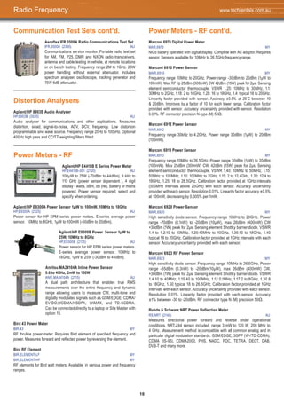 18
Power Meters - RF cont’d.
Marconi 6970 Digital Power Meter
MAR,6970 MY
NiCd battery operated with digital display. Complete with AC adaptor. Requires
sensor. Sensors available for 10MHz to 26.5GHz frequency range.
Marconi 6910 Power Sensor
MAR,6910 MY
Frequency range 10MHz to 20GHz. Power range -30dBm to 20dBm (1μW to
100mW). Max RF i/p 25dBm (300mW) CW 42dBm (15W) peak for 2μs. Sensing
element semiconductor thermocouple. VSWR 1.25: 10MHz to 30MHz, 1.1:
30MHz to 2GHz, 1.18: 2 to 16GHz, 1.28: 16 to 18GHz, 1.4: typical 18 to 20GHz.
Linearity factor provided with sensor. Accuracy ±0.5% at 25˚C between 10
& 20dBm. Improves by a factor of 10 for each lower range. Calibration factor
provided with sensor. Accuracy uncertainty provided with sensor. Resolution
0.01%. RF connector precision N-type (M) 50Ω.
Marconi 6912 Power Sensor
MAR,6912 MY
Frequency range 30kHz to 4.2GHz. Power range 30dBm (1μW) to 20dBm
(100mW).
Marconi 6913 Power Sensor
MAR,6913 MY
Frequency range 10MHz to 26.5GHz. Power range 30dBm (1μW) to 20dBm
(100mW). Max 25dBm (300mW) CW, 42dBm (15W) peak for 2μs. Sensing
element semiconductor thermocouple. VSWR 1.40: 10MHz to 50MHz, 1.15:
50MHz to 100MHz, 1.10: 100MHz to 2GHz, 1.15: 2 to 12.4GHz, 1.20: 12.4 to
18GHz, 1.25: 18 to 26.5GHz. Calibration factor provided at 1GHz intervals
(500MHz intervals above 20GHz) with each sensor. Accuracy uncertainty
provided with each sensor. Resolution 0.01%. Linearity factor accuracy ±0.5%
at 100mW, decreasing by 0.005% per 1mW.
Marconi 6920 Power Sensor
MAR,6920 MY
High sensitivity diode sensor. Frequency range 10MHz to 20GHz. Power
range -70dBm (0.1nW) to -20dBm (10μW), max 26dBm (400mW) CW
+30dBm (1W) peak for 2μs. Sensing element Shottky barrier diode. VSWR
1.4 to 1.2:10 to 40MHz, 1.20:40MHz to 10GHz, 1.35:10 to 18GHz, 1.40
typical 18 to 20GHz. Calibration factor provided at 1GHz intervals with each
sensor. Accuracy uncertainty provided with each sensor.
Marconi 6923 RF Power Sensor
MAR,6923 MY
High sensitivity diode sensor. Frequency range 10MHz to 26.5GHz. Power
range -65dBm (0.3nW) to -20dBm(10μW), max 26dBm (400mW) CW,
+30dBm (1W) peak for 2μs. Sensing element Shottky barrier diode. VSWR
1.4 10 to 40MHz, 1.15 40 to 100MHz, 1.12 0.1MHz, 1.17 2 to 8GHz, 1.30 8
to 18GHz, 1.50 typical 18 to 26.5GHz. Calibration factor provided at 1GHz
intervals with each sensor. Accuracy uncertainty provided with each sensor.
Resolution 0.01%. Linearity factor provided with each sensor. Accuracy
±1% between -30 to -20dBm. RF connector type N (M) precision 50Ω.
Rohde & Schwarz NRT Power Reflection Meter
RS,NRT (2140) AU
Measures directional power forward and reverse under operational
conditions. NRT-Z44 sensor included, range 3 mW to 120 W, 200 MHz to
4 GHz. Measurement method is compatible with all common analog and in
particular digital modulation standards. GSM/EDGE, 3GPP (W-/TD-CDMA),
CDMA (IS-95), CDMA2000, PHS, NADC, PDC, TETRA, DECT, DAB,
DVB-T and many more.
Communication Test Sets cont’d.
Aeroflex IFR 3500A Radio Communications Test Set
IFR,3500A (2360) AU
Communications service monitor. Portable radio test set
for AM, FM, P25, DMR and NXDN radio transceivers,
antenna and cable testing in vehicle, at remote locations
or on bench testing. Frequency range 2M to 1GHz. 20W
power handling without external attenuator. Includes
spectrum analyser, oscilloscope, tracking generator and
75W 6dB attenuator.
Distortion Analysers
Agilent/HP 8903B Audio Analyser
HP,8903B (3020) AU
Audio analyser for communications and other applications. Measures
distortion, sinad, signal-to-noise, ACV, DCV, frequency. Low distortion
programmable sine wave source. Frequency range 20Hz to 100kHz. Optional
400Hz high pass and CCITT weighting filters fitted.
Power Meters - RF
Agilent/HP E4418B E Series Power Meter
HP,E4418B-001 (2120) AU
100μW to 25W (-70dBm to 44dBm), 9 kHz to
110 GHz (power sensor dependent ), 4 digit
display - watts, dBm, dB (rel). Battery or mains
powered. Power sensor required, select and
specify when ordering.
Agilent/HP E9300A Power Sensor 1μW to 100mW, 10MHz to 18GHz
HP,E9300A (2125) AU
Power sensor for HP EPM series power meters. E-series average power
sensor. 10MHz to 8GHz, 1μW to 100mW (-60dBm to 20dBm).
Agilent/HP E9300B Power Sensor 1μW to
25W, 10MHz to 8GHz
HP,E9300B (2135) AU
Power sensor for HP EPM series power meters.
E-series average power sensor. 10MHz to
18GHz, 1μW to 25W (-30dBm to 44dBm).
Anritsu MA24104A Inline Power Sensor
0.6 to 4GHz, 2mW to 150W
ANR,MA24104A (2115) AU
A dual path architecture that enables true RMS
measurements over the entire frequency and dynamic
range allowing users to measure CW, multi-tone and
digitally modulated signals such as GSM/EDGE, CDMA/
EV-DO,WCDMA/HSDPA, WiMAX, and TD-SCDMA.
Can be connected directly to a laptop or Site Master with
option 19.
Bird 43 Power Meter
BIR,43 MY
RF thruline power meter. Requires Bird element of specified frequency and
power. Measures forward and reflected power by reversing the element.
Bird RF Element
BIR,ELEMENT-LF MY
BIR,ELEMENT-HF MY
RF elements for Bird watt meters. Available in various power and frequency
ranges.
Radio Frequency www.techrentals.com.au
 