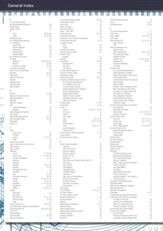 General Index
A
AC See Electrical Power
AC Sources/Inverters/Generators 36
Accelerometer 55
Adhesion Tester 52
Air
Flow 58, 59, 65
Quality 58, 59, 65
Air Balancing Hood 58
Air Conditioner Valve Balancing 59
Air Conditioning
Coolant Flow 69
Electronic Manifold 59
Measurement 58
Valve Balancing 59
Ventilation Meter 59
Air Conditioning & Air Flow 58
Air Quality
Monitoring 58, 63, 64, 65
Particles 64, 65
Pressure & Humidity 58, 65
Air Quality & Heat Stress 65
Airborne Dust & Particle Meter 64
Alignment 42, 55
Anemometer 58, 59
Antenna & Cable Test 16
Antennas 19
Appliance Tester 25
Area Heat Stress 65
Audio Analysers 18
B
Balances 55, 69
Balances & Scales Below 8kg 69
Balancing Machinery 59
Balometer 58
Barometric Loggers 68
Bath
Constant Temperature 42
Ultrasonic 50
Battery Management Systems 36
Blast Loggers 56
Body Vibration Measurement 55, 56
Bore Hole Water Quality 67, 68
Borescopes 41
Bridge LCR 10
C
Cable
Fault Locator 24
LAN Test 20
Locator 20, 24, 61
Tester 20
Cable & Fault Locators 61
Cable & Pipe Tracers & Fault Locators 24
Cable Analysers 20
Cable Locators 61
Calibrators
Current 11, 42, 45
Current Loop 11, 42, 44, 45
Dry Block Temperature 42, 45
Electronic 11
Fitting Set 44
Hydraulic 42, 43, 45
Industrial 42, 45
Intrinsically Safe Loop 43
Laboratory 45
Loop 42, 45
Pneumatic Instruments 42, 45
Pressure 42, 43, 44, 45
Process 42, 44, 45
Resistance 11, 42, 44, 45
Temperature 42, 45
Voltage 11, 42, 44, 45
Camera
Endoscope 41
High Speed 41
Pipe Inspection 41, 61, 62
Thermal Imaging 39, 40
Video 41
Carbon Dioxide (CO2) 50, 63, 65
Carbon Monoxide & Nitrogen Dioxide Monitors 63
Carbon Monoxide (CO) 50, 63, 64, 65
Cat 5, 5E, 6 20
Charge Ampliﬁer 55
Chart Recorders 45, 49
Chemical & Analytical 69
Circuit Breaker Analyser System 34, 35
Circuit Breaker Testers 34
Circuit Tracer 24
Clamp-on Sensors 31
Clean Room Monitor 64
Cleaver - Fibre Optic 23
Coating Thickness 52, 54
Combustion Gas Analysis 50
Combustion, Flue & Industrial Gas Analysers 50
Communication Test Sets 16, 18
Compressor Output
Flow 65
Quality 65
Concrete Cover Meters 59
Concrete Hardness Testers 60
Concrete Testing
Adhesion 52
Corrosion 60
Cover Meters 59, 60
Moisture Meters 62
Reo Depth 60
Test Hammer 60
Concrete Testing Equipment 59
Concrete Thickness Gauges 59, 60
Conductivity & Salinity 68
Conﬁned Space Entry 63, 64
Construction, Building Services & Survey 58
Air Conditioner Valve Balancing 59
Air Conditioning & Air Flow 58
Concrete Testing Equipment 59
Distance Measurement & Surveying 62
Ground Penetrating Radar 61
Material Moisture Meters 62
Pipeline & Cavity Inspection 61
Underground Services Location 61
Utility Leak Detection 61
Counting Scales 55, 69
Crane Scales 54, 55
Current
Clamp 28, 30, 31, 32, 36
DC Source 10
Injection 35
Input Logger 47
Loop 42, 44, 45
Meter 28, 31, 49, 69
Primary Injection 35
Probe 10, 24, 31, 32
Secondary Injection 35
Transformer (CT) 31
Current Clamps Probes & Accessories 31, 32
Current Injectors 35
Current Transformer Testing 34
D
Data & Telecommunications 20
Cable Test 20
DSL/POTS Test Set 22
Ethernet Analysers 20
Ethernet Loopback 20
Ethernet Test Set 20
Etherscope 20
Fibre Optic Launch Cables & Patch Leads 23
Fibre Optics 23
Fusion Splicers 23
LAN Analysers 20
LAN Cable Testers 20
LAN/WAN Analysers 20
Light Source 22
Light Sources & Power Meters 22
OTDR & Fibre Inspection 23
PDH/SDH Analysers 21
Permanent Link Adaptors 20
WAN Analysers 20
Data Loggers 47, 48
DC High Voltage 10, 31, 32, 33
DC Power Supplies 10
DC Power Supplies & Loads 10
Decade Resistance Box 11, 45
Demand Analysers 27
Dewpoint 65
Digital Storage Oscilloscopes 8, 10
Dissolved Oxygen 67
Distance Measurement 62
Distance Measurement & Surveying 62
Distortion Analysers 18
Dry Block Calibrators 45
DSL/POTS 22
DSn/PDH Ethernet Analyser 22
Ductor 25, 27
Dust Measurement 64, 65
E
E & H Field Strength Meters 11
E1/E3 Tester 21, 22
Earth Leakage 25, 32, 33, 34
Earth Testers 25
Electrical Cable Test 25, 32, 33, 34
Surge Generator 24
TDR 24
Electrical Installation & Test
Appliance Tester 25
Earth Leakage (RCD) 25, 32, 33, 34
High Voltage Test (Hipot) 32, 33
Insulation Oil Tester 33
Insulation Test 24, 25, 32, 33, 34
Resistance Test 25, 27, 32
Soil/Ground Resistance 25
VLF Testers 33
Electrical Power 24
AC Sources/Inverters/Generators 36
Battery Management Systems 36
Cable & Pipe Tracers & Fault Locators 24
Circuit Breaker Testers 34
Current Clamps Probes & Accessories 31
Current Injectors 35
Electrical Testers 24
Insulation Testers & Meggers to 20kV 32
Micro-Ohm Meters & Earth Testers 25
Oil, Hipot & VLF Testers above 20kV 33
PAT Testers & RCD Testers 25
Power Analysers & Recorders 27
Power Transformers & Variacs 36
Protection Relay Testing Systems 35
Transformer Testers 34
Electrical Power Generation & Transmission
Current Injection 35
High Voltage Test (Hipot) 33
Power Quality 24, 27, 28, 30, 31
Protection Relay Test 34, 35, 36
Electrical Power Quality
Harmonics 24, 27, 30, 31
Power Factor 24, 27, 30, 31
Power Logger 28
Power Quality Analysers 27, 28, 30, 31
Electrical Power Sources
Battery Management Systems 36
Current Injectors 35
Programmable 36
Electrical Testers 24
Electrical Transducers 24
Electrochemistry 67
Electrometers 8
Electronic Calibrators 11
Electronic Load 10
Electronics 8
DC Power Supplies & Loads 10
Digital Storage Oscilloscopes 8
E & H Field Strength Meters 11
Electronic Calibrators 11
EMC & Power Disturbance Simulators 12
Function Generators 10
Gauss/Tesla Meters 11
LCR Meters 10
Multimeters& Electrometers 8
Probes & Accessories 10
Spectrum Analysers - Low Frequency 11
TV Test Equipment 11
Electrostatic Charge Measurement 8
Electrostatic Meters 8
EMC & Power Disturbance Simulators 12
EMC Test Equipment 12
EMC/EMI Test Equipment 12
Endoscopes 41, 61
Endoscopes Borescopes Visual Inspection 41
Environment, OHS, Chemical & Laboratory
Air Quality & Heat Stress 65
Airborne Dust & Particle Meters 64
Balances & Scales below 8kg 69
Chemical & Analytical - General 69
Environmental Gas & Vapour Meters 63
Environment Flow Meters 69
Floor Slip Testers 67
Laboratory Instruments, Spectroscopy 69
Light Meters, UVA/B/C Measurement 68
2
 