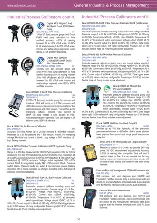 43
Industrial Process Calibrators cont’d.
Crystal XP2i 100psi (7 Bar)
NATA with Druck PV411 Hand
Pump
CRY,XP2I CAL KIT 7 (4743) AU
100psi (7 Bar) pressure gauge and Druck
PV411 hand pump calibration kit. Nata
certified accuracy, ±0.1% of reading
between 20 to 100% of full scale, ±0.02%
of full scale between 0 to 20% of full scale.
Intrinsic and safety ratings registered under
IECEx, ATEX and DNV standards.
Crystal XP2i 5,000psi
(345 Bar) NATA with Druck
PV411 Hand Pump
CRY,XP2I CAL KIT 345 (4765) AU
5,000psi (345 Bar) pressure gauge and
Druck PV411 hand pump calibration kit. Nata
certified accuracy, ±0.1% of reading between
20 to 100% of full scale, ±0.02% of full scale
between 0 to 20% of full scale. Intrinsic and
safety ratings registered under IECEx, ATEX
and DNV standards.
Druck DPI603 2-NATA 2 Bar Pressure Calibrator
DRU,DPI603-2-NATA (4738) AU
DRU,DPI603-2 MY
0.075% FS Accuracy includes pump for vacuum and
pressure. Unit will pump up to 2 Bar pressure and
-850mBarvacuum. Measurementscanbemadeto2Bar
positive pressure and -1Bar vacuum. The unit has a 24V
energising voltage. Monitors loop current to
55mA DC loop voltage to 50V. Sealed to IP65.
Rechargeable battery operated. Unit can display in 24
different units. BSP 1/8 interface.
Druck DPI603 20 Bar Pressure Calibrator
DRU,DPI603-20 MY
Accuracy 0.075%fs. Pumps up to 20 Bar pressure & -850mBar vacuum.
Measures up to 20 Bar pressure and -1 Bar vacuum. In-built 24V energising
voltage. Monitors loop current to 55mA. Loop voltage to 50V. Interface 1/8”
bsp. Battery operated.
Druck DPI104 350 Bar Pressure Calibrator & HTP1 Hydraulic Pump
DRU,DPI104-350 MY
Range 0 to 350 Bar. Measures 0 to 100mV (1μV resolution), 0 to 5V (0.1mV
resolution), 0 to 50V (1mV resolution) & current 0 to 50mA (1μA resolution) all
@ 0.025% accuracy. Sources 0 to 10V (0.2mV resolution) & 0 to 50mA (1μA
resolution) @ 0.025% accuracy. Voltage output regulated 10V ±0.1%
current 30mA & unregulated supply 24V ±10% current 50mA. Pressure
switch status. Pressure media oil, water & non corrosive gases. Battery
operation 10h or mains operation via charger. Complete with a full range of
pressure connection adaptors.
Druck DPI610-2-NATA 2 Bar Pressure Calibrator
DRU,DPI610-2-NATA (4737) AU
DRU,DPI610-2 MY
Pneumatic pressure calibrator including pump and
current voltage standard. Pressure range -1 to 2 Bar,
±0.025%fs. Voltage input ±50VDC, ±0.05%rdg,
±0.004%fs. Current input ±55mA, ±0.05%rdg,
±0.004%fs. Temperature -10 to 40°C, ±1 (ambient)
switch open/closed. Voltage output 10VDC, ±0.1% or
24V ±5%. Current output 0 to 24mA ±0.05% rdg ±0.01%fs. Data logger stores
up to 10,000 values. mA ramp configurable. Pressure port G 1/8” (f), includes
flexible hose kit. Pump includes screw adjustment.
Industrial Process Calibrators cont’d.
Druck DPI610-20-NATA 20 Bar Pressure Calibrator NATA Certification
DRU,DPI610-20-NATA (4751) AU
DRU,DPI610-20 MY
Pneumatic pressure calibrator including pump and current voltage standard.
Pressure range -1 to 20 Bar ±0.025%fs. Voltage input ±50VDC, ±0.05%rdg,
±0.004%fs. Current input ±55mA, ±0.05%, rdg ±0.004%fs. Temperature -10
to 40°C ±1°C (ambient) switch open/closed. Voltage output 10VDC ±0.1%
or 24V ±5%. Current output 0 to 24mA ±0.05% rdg ±0.01%fs. Data logger
stores up to 10,000 values. mA ramp configurable. Pressure port G 1/8f,
includes flexible hose kit. Pump includes screw adjustment.
Druck DPI610-400-NATA 400 Bar Pressure Calibrator
DRU,DPI610-400-NATA (4768) AU
DRU,DPI610-400 MY
Hydraulic pressure calibrator including pump and current voltage standard.
Pressure range 0 to 400 Bar ±0.025%fs. Voltage input 50VDC, ±0.05%rdg,
±0.004%fs. Current input 55mA, ±0.05%rdg, ±0.004%fs. Temperature -10 to
40ºC ±1ºC (ambient) switch open/closed. Voltage output 10VDC ±0.1% or 24V
±5%. Current output 0 to 24mA, ±0.05% rdg, ±0.01%fs. Data logger stores
up to 10,000 values. mA ramp configurable. Pressure port G 1/8” (f), includes
flexible hose kit. Pump includes screw adjustment.
Druck DPI615-20-NATA 20 Bar
Pressure Calibrator
DRU,DPI615-20-NATA (4750) AU
Pneumatic pressure calibrator including pump and
current voltage standard. Pressure range 0 to 20
Bar ±0.025% FS. Voltage input ±50VDC ±0.05%
rdg ± 0.004% FS. Current input ±55mA ±0.05%rdg
±0.004%FS. Temperature -10 to 40ºC ±1ºC (ambient)
switch open/closed. Voltage output 10VDC ±0.1%
or 24V ±-5%. Current output 0 to 24mA ±0.05%rdg ±0.01%FS. Data logger
stores upto 10,000 values. mA ramp configurable. Pressure port G 1/8 female,
includes flexible hose. Pump includes screw adjustment.
Druck PV411A Multifunction Hand Pump Kit
DRU,PV411A (4789) AU/MY
Provides up to 700 Bar hydraulic, 40 Bar pneumatic
pressures and vacuum to -950mBar. Built-in stroke adjuster,
lower pressure fine control and tamper proof overpressure
protection.
Druck UPS III-IS Intrinsically Safe Loop Calibrator
DRU,UPS III-IS (4777) AU
Measure or source 0 to 24mA and provide 24V loop
power. 50 VDC measurement and continuity. Accuracy
0.015% of reading, Hart compatible. Dual mA and %
readout, linear or flow. It is an essential tool for loop
testing, instrument maintenance and valve set-up, with
an easy-to-read display and simple-to-use time saving
features.
Emerson Process Management 375 Field Communicator
EME,375 (4795) MY
Will configure, test, and diagnose your HART® and
Foundation FieldBus devices. Able to communicate with any
device, by any manufacturer. Intrinsically safe. Easy upgrade
over the Internet. Interfaces with AMS PC Suite Software.
Emerson 475 Hart Communicator
EME,475 (4794) AU/MY
Will configure, test, and diagnose your HART® and
Foundation FieldBus devices. Able to communicate with
any device, by any manufacturer. Intrinsically safe. Easy
upgrade over the Internet. Interfaces with AMS PC Suite
Software.
General Industrial & Process Management www.techrentals.com.auGeneral Industrial & Process Management www.techrentals.com.auGeneral Industrial & Process Managementwww.techrentals.com.au
 