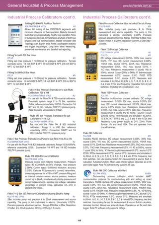 44
Industrial Process Calibrators cont’d.
Softing BC-600-PB Profibus Tester 4
SOF,PROFIBUS-4 (4723) AU
Allows full testing of live PROFIBUS segments with
minimum influence on their operation. Detects transient
faults that occur sporadically. Test for non operation PLCs
or suspicious devices. Simultaneous analysis of both bus
physics and bus communication. Master simulator and
Topology scan. Expert tests: frame, oscillogram analysis
and trigger input/output. Long term trend measuring,
preventive maintenance and detailed test reporting.
Fitting Set with 700 Bar Hose
FIT,HP MY
Fitting set (max pressure = 10,000psi) for pressure calibrators. Female
connector sizes: 1/4 inch BSP & NPT; 1/8 inch BSP & NPT; 3/8 inch BSP &
NPT; 1/2 inch BSP & NPT.
Fitting Set With 20 Bar Hose
FIT,LP MY
Fitting set (max pressure = 10,000psi) for pressure calibrators. Female
connector sizes: 1/4 inch BSP & NPT; 1/8 inch BSP & NPT; 3/8 inc BSP &
NPT; 1/2 inch BSP & NPT.
Fluke 70 Bar Pressure Transducer to suit Fluke
Calibrators 725 & 744
FLU,700P08-70BAR (4762) AU
For use with the Fluke 744 & 725 industrial calibrators.
Pneumatic system range 0 to 70 Bar, resolution
7mBar, reference uncertainty 0.025%. Connection 1/4
NPT and 1/4 ISO. Includes 700PTP-1 pressure pump.
(Note the pump will operate to 41 Bar).
Fluke 690 Bar Pressure Transducer to suit
Calibrators 744 & 725
FLU,700P31-690BAR (4771) AU
For use with the Fluke 744 & &25 industrial
calibrators. Range 0 to 690 Bar, reference
uncertainty .025%. Connection 1/4NPT and 1/4
ISO. Includes 700HTP-1 pressure pump.
Fluke 7 Bar Pressure Transducer & Pump to suit FLU,744 & FLU,725
FLU,700PD6-7BAR (4745) AU
For use with the Fluke 744 & &25 industrial calibrators. Range 100 to 690kPa,
reference uncertainty .025%. Connection 1/4 NPT and 1/4 ISO Includes
700LTP-1 pressure pump.
Fluke 718 300G Pressure Calibrator
FLU,718-300G (4755) AU
Pressure source and milliamp measurement. Pressure
specs -83 to 2068kPa ±0.05% of range. Max pressure
2.6MPa. Current specs: 0.0001mA resolution, accuracy
0.015%. Calibrate P/I (pressure to current) transmitters,
measures pressure via a 1/8 inch NPT pressure fitting and
an internal pressure sensor, source pressure, measure
current up to 24mA, simultaneously display pressure and
current measurements, supplies loop voltage, calculates
percentage in percent mode, calculates mA error in
percent error mode.
Fluke 719 2 Bar-30G Pressure Calibrator including Electric Pump
FLU,719-30G (4740) AU
2Bar, includes pump and precision 4 to 20mA measurement and source
capability. The pump in this instrument is electric. Uncertainty 0.025%.
Precision pressure adjustment vernier. Range -850mBar to 2Bar. Resolution
0.1mBar. 4 to 20mA resolution .001mA .015%rdg + 2 counts.
Industrial Process Calibrators cont’d.
Fluke Pressure Calibrator 8Bar includes Electric Pump
FLU,719-100G MY
8Bar, includes pump and precision 4 to 20mA
measurement and source capability. The pump in this
instrument is electric. Uncertainty 0.025%. Precision
pressure adjustment vernier. Range -850mBar to 8Bar. Res-
olution 1mBar. 4 to 20mA resolution 0.001mA 0.015%rdg +
2 counts.
Fluke 725 Process Calibrator
FLU,725-NATA (4784) AU
FLU,725 MY
DC voltage measurement 0.025%, 300V max, source
0.02%, 11V max. DC current measurement 0.025%,
110mA max, source 0.01%, 22mA max. Resistance
measurement 0.05%, 11kΩ max, source 0.01%, 1
1kΩ max. Frequency measurement 5 counts 1Hz to
50kHz, source 1 count 20Hz to 5kHz. ‘K’ thermocouple
measurement 0.3ºC, source 0.3ºC. Pt100 RTD
measurement 0.5ºC, source 0.2ºC. Measures and
simulates 4 to 20mA, t/c E,N, J, K, T, B, R, S, & C, 2,
3 & 4 wire RTDs and frequency. Operates from drycell
batteries. (Includes NATA calibration - AU).
Fluke 726 Process Calibrator
FLU,726 MY
Precision multifunction process calibrator. DC voltage
measurement. 0.010% 30V max, source 0.010% 20V
max. DC current measurement. 0.010% 24mA max,
source 0.01% 24mA max. Resistance measurement
0.015% 4kΩ max, source 0.01% 4kΩ max. Frequency
measurement 5 counts 1Hz to 15kHz, source 1 count
20Hz to 15kHz. Will measure and simulate 4 to 20mA,
TC E N J K T B R S and C, 2, 3 and 4 wire RTDs and
frequency. Loop power supply at: 24V, 22mA. Pulse
Source 10k and read 100k. The unit operates from
drycell batteries.
Fluke 743 Calibrator
FLU,743B MY
Includes RS232 interface. DC voltage measurement 0.025%, 300V max,
source 0.01%, 15V max. DC current measurement 0.025%, 110mA max,
source 0.01%, 22mA max. Resistance measurement 0.05%, 11kΩ max, source
0.01%, 11kΩ max. Frequency measurement 0.5%, +5, 40 to 500Hz, source
1 count 20Hz to 5kHz. ‘K’ thermocouple measurement 0.3ºC, source 0.3ºC
Pt100. RTDs measurement 0.3ºC, source 0.1ºC. Measures and simulates 4
to 20mA, t/c E, N, J, K, T, B, R, S, & C, 2, 3 & 4 wire RTDs, frequency, test
limit switches. Can use scaling factors for measurement & source. Built in
calculator. Autostep function. Allows user entered values. Operates as an 8k
point data logger. Note PC software only supports 15 tags.
Fluke 744 DOC Calibrator with Hart
FLU,744 (4782) AU/MY
Documenting process calibrator which includes HART
communication protocols for communicating with and setting up smart
transmitters. RS232 interface. DC voltage measurement 0.025%, 300V max,
source 0.01%, 15V max. DC current measurement 0.025%, 110mA max,
source 0.01% 22mA max. Resistance measurement 0.05%, 11kOhm max,
source 0.01% 11kOhm max. Frequency measurement 0.5%, +5, 40~500Hz,
source 1 count 20~5kHz. ‘K’ thermocouple measurement 0.3ºC, source 0.3ºC
Pt100. RTDs measurement 0.3ºC, source 0.1ºC. Measures and simulates
4~20mA, t/c E, N, J, K, T, B, R, S & C, 2, 3 & 4 wire RTDs, frequency, test limit
switches. Uses scaling factors for measurement & source. Built in calculator.
Autostep function. Allows user entered values. Operates as an 8k point data
logger. Note PC software only supports 15 tags.
General Industrial & Process Management www.techrentals.com.au
 