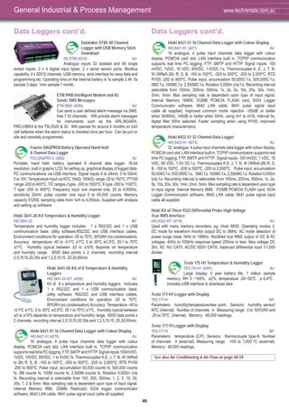 48
Data Loggers cont’d.
Datataker DT85 48 Channel
Logger with USB Memory Stick
Download
DE,DT85 (4233) AU
Analogue inputs 32 isolated and 48 single
ended inputs. 2 x 4 digital input types. 2 x serial sensor ports, Modbus
capability, 4 x SDI12 channels, USB memory stick interface for easy data and
programming etc. Operating time on the internal battery is 1s sample 2.4h. 5s
sample 3 days, 1min sample 1 month.
ETM 9900 Intelligent Modem and IO.
Sends SMS Messages
ETM,9900 (4290) AU
Can send a user defined alarm message via SMS.
Has 7 IO channels. Will provide alarm messages
for instruments such as the ARL,NGARA,
PRO,VIBRA & the TSI,8520 & 30. Will operate for around 4 months on 2xD
cell batteries when the alarm status is checked once per hour. Can be put on
site and remotely programmed.
Fourier DAQPRO8 Battery Operated Hand Held
8 Channel Data Logger
FOU,DAQPRO-2 (4282) AU
Portable, hand held, battery operated 8 channel data logger. 16-bit
resolution, built in graphic LCD, for setting up, graphical display of logged data.
PC communications via USB interface. Signal inputs 0 to 24mA, 0 to 50mV,
0 to 10V. Temperature input via NTC 10kΩ, 100kΩ, range -25 to 150ºC, PT100
range-200to400ºC,T/CrangesJtype,-300to1500ºC,Ktype-250to1100ºC,
T type -200 to 400ºC. Frequency input one channel only, 20 to 4,000Hz,
sensitivity 20mV, pulse counter one input 0 to 65,000 counts. Memory
capacity 512KB, sampling rates from 1s/h to 4,000s/s. Supplied with analysis
and setting up software.
Hioki 3641-20-Kit Temperature & Humidity Logger
HIO,3641-20 MY
Temperature and humidity logger includes: 1 x RS232C and 1 x USB
communication base, utility software,RS232C and USB interface cables.
Environment conditions for operation -20 to 70ºC, 80%RH (no condensation).
Accuracy: temperature -40 to -0.1ºC ±1ºC, 0 to 35ºC ±0.5ºC, 35.1 to 70ºC
±1ºC. Humidity typical between ±5 to ±10% depends on temperature
and humidity range. 8000 data points x 2 channels, recording interval
2,5,10,15,20,30s and 1,2,5,10,15 ,20,30,60min.
Hioki 3641-20-Kit of 8 Temperature & Humidity
Loggers
HIO,3641-20-KIT (4256) AU
Kit of 8 x temperature and humidity loggers. Includes
1 x RS232C and 1 x USB communication base,
utility software, RS232C and USB interface cables.
Environment conditions for operation -20 to 70ºC,
80%RH (no condensation) Accuracy: Temperature -40 to
-0.1ºC ±1ºC, 0 to 35ºC ±0.5ºC, 35.1 to 70ºC ±1ºC. Humidity typical between
±5 to ±10% depends on temperature and humidity range. 8000 data points x
2 channels, recording interval 2,5,10,15,20,30s and 1,2,5,10,15 ,20,30,60min.
Hioki 8421-01 16 Channel Data Logger with Colour Display
HIO,8421-01 (4270) AU
16 analogue, 4 pulse input channels data logger with colour
display, PCMCIA card slot, LAN interface built in, TCP/IP communication
supports real time PC logging, FTP, SMTP and HTTP. Signal inputs 100mVDC,
1VDC, 10VDC, 60VDC, 1 to 5VDC fs. Thermocouples K,E, J, T, N, W (WRe5
to 26) R, S, B, -100 to 100ºC, -200 to 500ºC, -200 to 2,000ºC, RTD Pt100
-200 to 800ºC. Pulse input, accumulation 50,000 counts fs, 500,000 counts
fs, 5M counts fs, 100M counts fs, 2,500M counts fs. Rotation 5,000/n (r/s)
fs. Recording interval is selectable from 100, 200, 500ms, 1, 2, 5, 10, 20,
30s, 1, 2 & 5min. Max sampling rate is dependent upon type of input signal.
Internal Memory 8Mb, 256Mb Flashcard, 9334 logger communicator
software, 9642 LAN cable, 9641 pulse signal input cable all supplied.
Data Loggers cont’d.
Hioki 8421-51 16 Channel Data Logger with Colour Display
HIO,8421-51 (4271) AU
16 analogue, 4 pulse input channels data logger with colour
display, PCMCIA card slot, LAN interface built in, TCP/IP communication
supports real time PC logging, FTP, SMTP and HTTP. Signal inputs- 100
mVDC, 1VDC, 10 VDC, 60VDC, 1-5VDC f.s. Thermocouples K, E, J, T, N,
W (WRe5-26), R, S, B, -100 to 100ºC, -200 to 500ºC, -200 to 2,000ºC, RTD
Pt100 -200 to 800ºC. Pulse input, accumulation 50,000C f.s, 500,000C f.s,
5MC f.s, 100MC f.s, 2,500MC f.s. Rotation 5,000/n (r/s) f.s. Recording interval
selectable from 100ms, 200ms, 500ms, 1s, 2s, 5s, 10s, 20s, 30s, 1min,
2min, 5min. Max sampling rate is dependent upon type of input signal.
Internal Memory 16MW, 512MB PCMCIA FLASH card, 9334 Logger
Communicator software, 9642 LAN cable, 9641 pulse signal input
cable all supplied. Improved common mode rejection -100dB or better
when 50/60Hz, 140dB or better when 50Hz, using ch1 to ch16, interval 5s,
digital filter 50Hz selected. Faster sampling when using Pt100, improved
temperature characteristics.
Hioki 8422-51 32 Channel Data Logger
HIO,8422-51 (4273) AU
32 analogue, 4 pulse input channels data logger with colour display,
PCMCIA card slot, LAN interface built in, TCP/IP communication supports real
time PC logging, FTP, SMTP and HTTP. Signal inputs- 100 mVDC, 1 VDC, 10
VDC, 60 VDC, 1-5V DC f.s. Thermocouples K,E, J, T, N, W (WRe5-26) R, S,
B, -100 to 100ºC, -200 to 500ºC, -200 to 2,000ºC, Pulse input, accumulation
50,000C f.s, 500,000C f.s, 5MC f.s, 100MC f.s, 2,500MC f.s. Rotation 5,000/n
(r/s) f.s. Recording interval is selectable from 100ms, 200ms, 500ms, 1s, 2s,
5s, 10s, 20s, 30s, 1min, 2min, 5min. Max sampling rate is dependent upon type
of input signal. Internal Memory 8MB, 512MB PCMCIA FLASH card, 9334
Logger Communicator software, 9642 LAN cable, 9641 pulse signal input
cable all supplied.
Hioki Kit of Three 9322 Differential Probe High Voltage
True RMS Interface
HIO,9322-KIT (4119) AU
Used with many memory recorders, eg. Hioki 8835. Operating modes 3.
DC mode for waveform monitor output DC to 3MHz, AC mode detection of
power surge noise 1kHz to 10MHz. Rectified true RMS output of DC & AC
voltages. 40Hz to 100kHz response speed 200ms or less. Max voltage DC
2kV, AC 1kV CATII, AC/DC 600V CATIII, balanced differential input 1/1,000
divider.
Testo 175-H1 Temperature & Humidity Logger
TES,175-H1 (4251) AU
Large display. 3 year battery life, 1 million sample
memory. RH 0 ~100% ±2%, temperature -20~50ºC ±-0.4ºC .
Includes USB interface to download data
Testo 177-H1 Logger with Display
TES,177-H1 MY
Parameters: humidity/temperature/dew point. Sensors: humidity sensor/
NTC (internal). Number of channels: 4. Measuring range: 0 to 100%RH and
-20 to 70ºC (internal). Memory: 48,000 readings.
Testo 177-T4 Logger with Display
TES,177-T4 MY
Parameters: temperature (C/F). Sensors: thermocouple type-K. Number
of channels: 4 (external). Measuring range: -100 to 1,000 ºC (external).
Memory: 48,000 readings.
See also Air Conditioning & Air Flow on page 58-59
General Industrial & Process Management www.techrentals.com.au
 