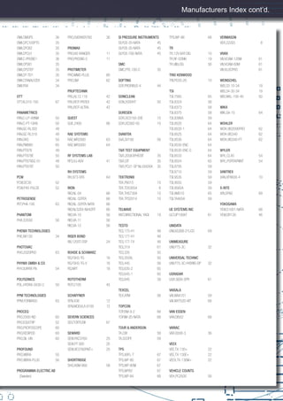 OMI,CMGPS 36
OMI,CPC100PTS 35
OMI,CPCB2 35
OMI,CPCU1 35
OMI,C-PROBE1 36
OMI,CPSB1 35
OMI,CPSTEP 35
OMI,CP-TD1 35
OMI,CTANALYZER 34
OMI,FRA 34
OTT
OTT,KL010-150 67
PANAMETRICS
PAN,C-LP-40NM 50
PAN,C-PT-10HB 50
PAN,GC-RL302 49
PAN,GC-RL319 49
PAN,OKS 50
PAN,PM880 65
PAN,PT878 49
PAN,PT878E 50
PAN,PT878GC-01 49
PAN,PT878T 50
PCW
PCW,DC30 52
PCW,P40-PULSE 52
PETROSENSE
PET,PHA-100 63
PHANTOM
PHA,53550 56
PHENIX TECHNOLOGIES
PHE,BK130 34
PHOTOVAC
PHO,2020PRO 63
PHYNIX GMBH & CO
PHY,SURFIX FN 54
POLYSONICS
POL,HYDRA-SX30-2 50
PPM TECHNOLOGIES
PPM,FORM400 63
PROCEQ
PRO,2000-ND 60
PRO,EQUOTIP 52
PRO,PROFOSCOPE 60
PRO,RESIPOD 60
PRO,SIL-UN 60
PROFOUND
PRO,VIBRA 55
PRO,VIBRA-PLUS 56
PROGRAMMA ELECTRIC AB
(Sweden)
PRO,SVERKER760 36
PROMAX
PRO,HD RANGER 11
PRO,PRODIG-5 11
PROTIMETER
PRO,MMS-PLUS 60
PRO,SM 62
PRUFTECHNIK
PRU,AL12.116 42
PRU,ROT-PROEX 42
PRU,ROT-ULTRA 42
QUEST
QUE,2400 66
RAE SYSTEMS
RAE,MR2000 63
RAE,MR3000 64
RF SYSTEMS LAB
RFS,VJ-ADV 41
RH SYSTEMS
RH,973-SF6 64
RION
RIO,NL-04 66
RIO,NL-32RTA 66
RIO,NL-32RTA-NATA 66
RIO,NL52EX-NX42RT 66
RIO,VA-10 56
RIO,VA-11 56
RIO,VA-12 56
RISER BOND
RB,1205T-OSP 24
ROHDE & SCHWARZ
RS,FSH3-TG 16
RS,FSH3-TG-V 16
RS,NRT 18
ROTOTHERM
ROT,C105 45
SCHAFFNER
SFN,438 12
SFN,MODULA 6100 12
SEVERN SCIENCES
SEV,TORTUSII 67
SEWARD
SEW,PAC3760 25
SEW,PT-300 25
SEW,XE3760PKIT+ 25
SHORTRIDGE
SHO,ADM-860 58
SI PRESSURE INSTRUMENTS
SI,PC6-20-NATA 45
SI,PC6-35-NATA 45
SI,PC6-700-NATA 45
SMC
SMC,PTE-100-C 35
SOFTING
SOF,PROFIBUS-4 44
SONICLEAN
SON,2000HT 50
SORESEN
SOR,DCS150-20E 10
SOR,DCS60-50 10
SVANTEK
SVA,SV100 56
T&R TEST EQUIPMENT
T&R,200A3PHEDIT 35
T&R,CIT 35
T&R,PCU1-SP NLU5000A 35
TEKTRONIX
TEK,P6015 10
TEK,TDS3054 8
TEK,THS730A 10
TEK,TPS2014 10
TELWAVE
ANT,DIRECTIONAL YAGI 19
TESTO
TES,175-H1 48
TES,177-H1 48
TES,177-T4 48
TES,319 61
TES,335 50
TES,350XL 50
TES,445 58
TES,635-2 65
TES,645-1 65
TES,845 39
TEXCEL
TEX,ATM 56
TOPCON
TOP,BM-9-2 68
TOP,IM-2D-NATA 68
TOUR & ANDERSON
TA,CBI 59
TA,SCOPE 59
TPS
TPS,90FL-T 67
TPS,WP-80 67
TPS,WP-80M 67
TPS,WP82 67
TPS,WP-84 68
TPS,WP-88 68
TR
TR,12V-BAT-CIG 10
TR,RF-CONN 19
TR,VIBLOG 56
TRIO KENWOOD
TRI,PD35-20 10
TSI
TSI,7565 65
TSI,8324 58
TSI,8373 58
TSI,8375 58
TSI,8386A 59
TSI,8520 64
TSI,8520-1 64
TSI,8525 64
TSI,8530 64
TSI,8530-ENC 64
TSI,8530-ENC-S 64
TSI,8533 64
TSI,8554 65
TSI,8705 59
TSI,8710 59
TSI,9535 59
TSI,9555 59
TSI,9565A 59
TSI,AM510 65
TSI,TA465A 59
UE SYSTEMS INC
ULT,UP100KT 61
UNIDATA
UNI,6526B-21LCD 69
UNIMEASURE
UNI,P75-3C 32
UNIVERSAL TECHNIC
UNI,P75-3C HYBRID-DP 32
USRADAR
USR,SEEK-SPR 61
VAISALA
VAI,WAA151 59
VAI,WXT520-KIT 68
VAN ESSEN
VAN,DI502 68
VARIAC
VAR,6500-3 36
VEEX
VEE,TX-130+ 22
VEE,TX-130E+ 22
VEEX,TX-130M+ 22
VEHICLE COUNTS
VEH,PC2500 56
VERMASON
VER,222ES 8
VIVAX
VIV,VCAM-120M 61
VIV,VCAM-60M 61
VIV,VLOCPRO 61
WEINSCHEL
WEI,33-10-34 19
WEI,34-30-34 19
WEI,WKL-100-40 50
WIKA
WIK,GA-15 64
WOHLER
WOH,VIS2000PRO 62
WOH,VIS340 62
WOH,VIS340-PT 62
WYLER
WYL,CL45 54
WYL,PORTAPAINT 54
XANTREX
XAN,XFR600-4 10
X-RITE
XRI,SP60 69
YOKOGAWA
YEW,51001-NATA 68
YEW,DR130 46
Manufacturers Index cont’d.
7
 