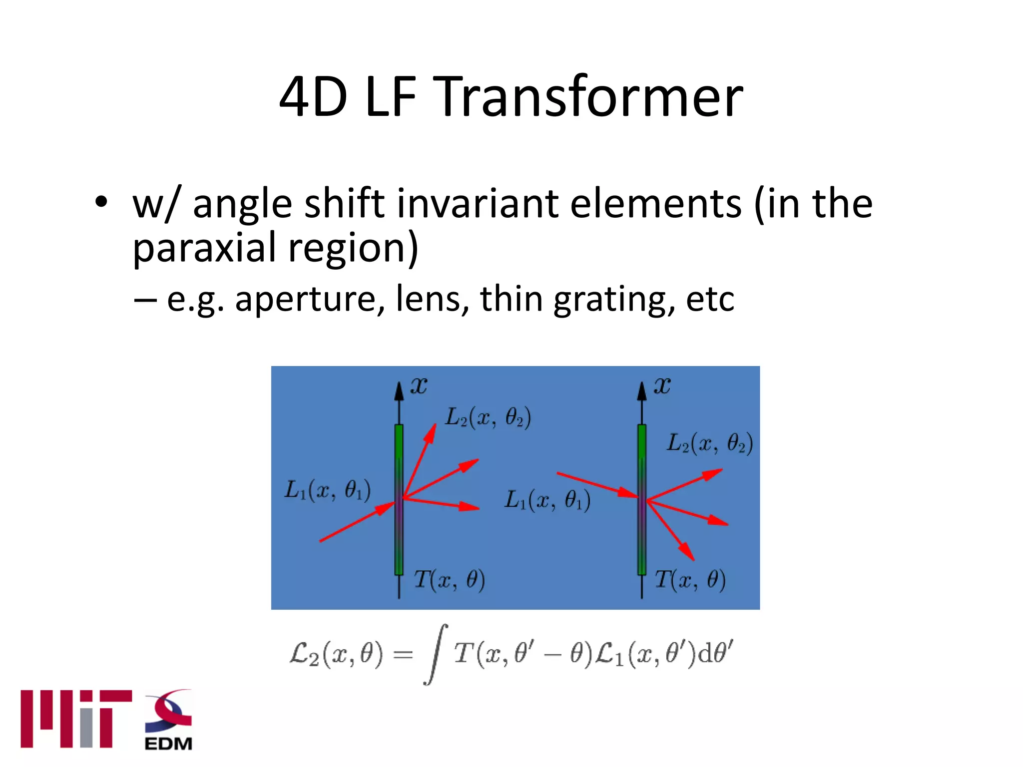 4D LF Transformer
• w/ angle shift invariant elements (in the
  paraxial region)
  – e.g. aperture, lens, thin grating, etc
 