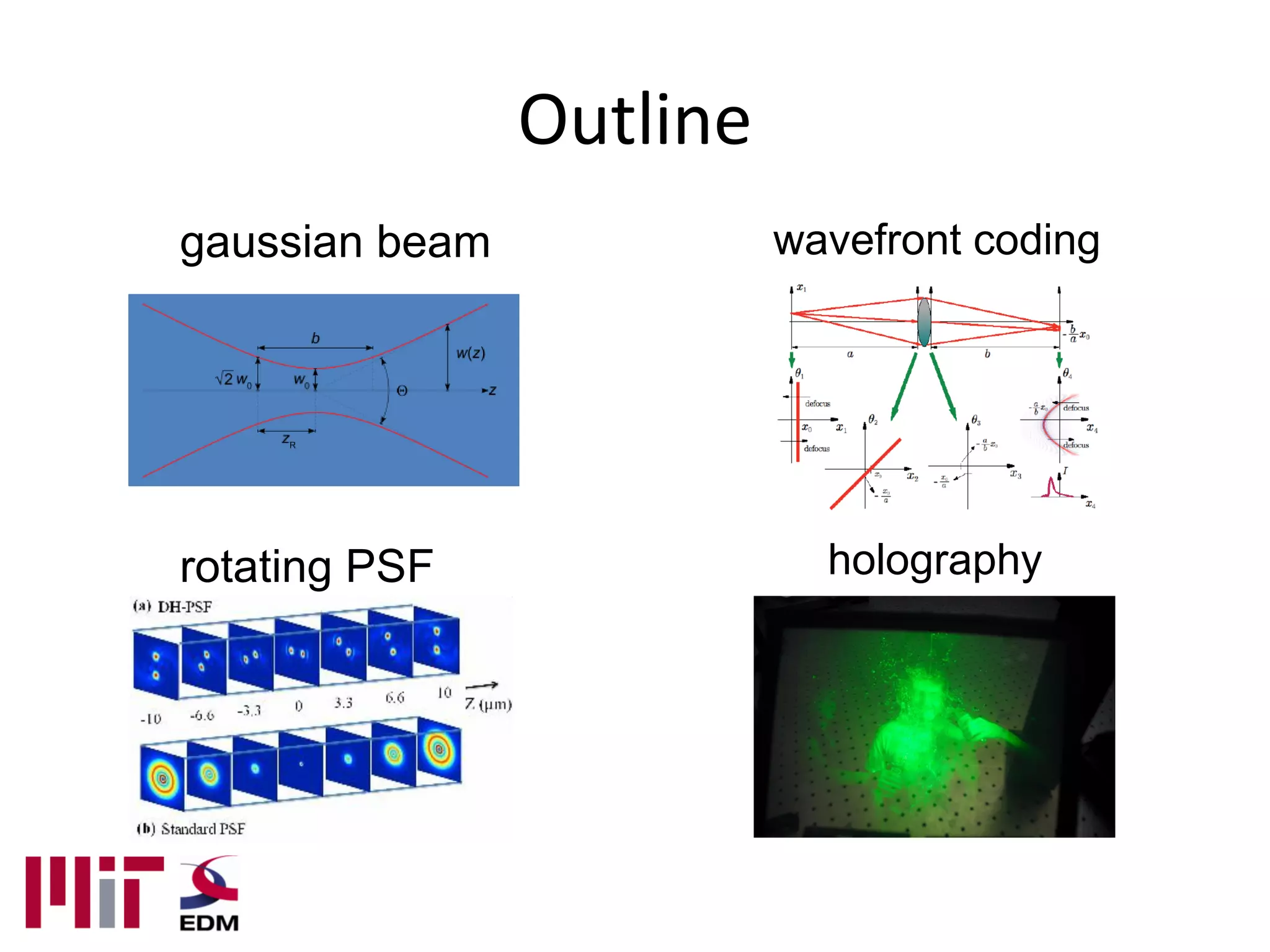 Outline
gaussian beam             wavefront coding




rotating PSF                holography
 