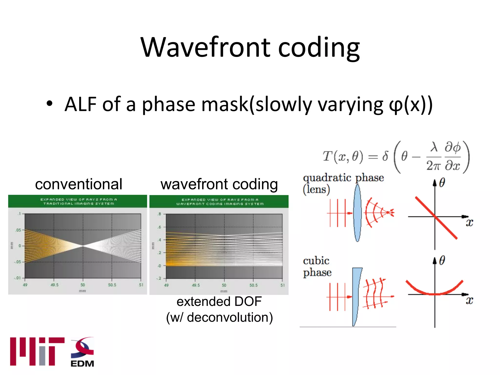 Wavefront coding
 • ALF of a phase mask(slowly varying ϕ(x))


conventional    wavefront coding




                  extended DOF
                (w/ deconvolution)
 