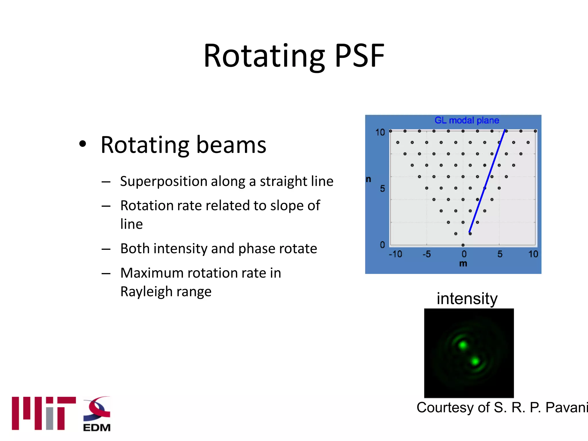 Rotating PSF

• Rotating beams
  – Superposition along a straight line
  – Rotation rate related to slope of
    line
  – Both intensity and phase rotate
  – Maximum rotation rate in
    Rayleigh range
                                             intensity




                                          Courtesy of S. R. P. Pavani
 