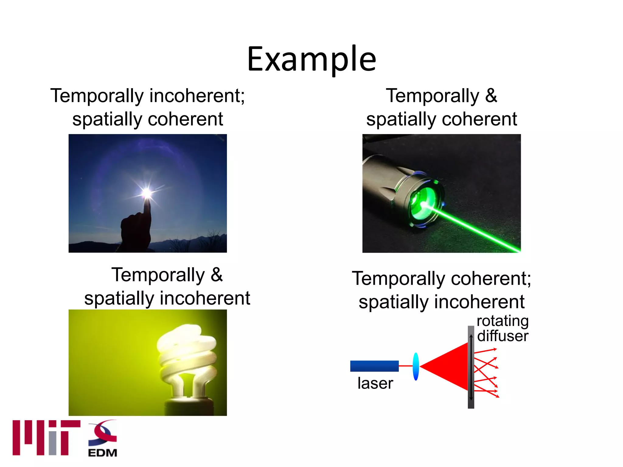 Example
Temporally incoherent;           Temporally &
  spatially coherent           spatially coherent




      Temporally &            Temporally coherent;
   spatially incoherent        spatially incoherent
                                            rotating
                                            diffuser


                              laser
 