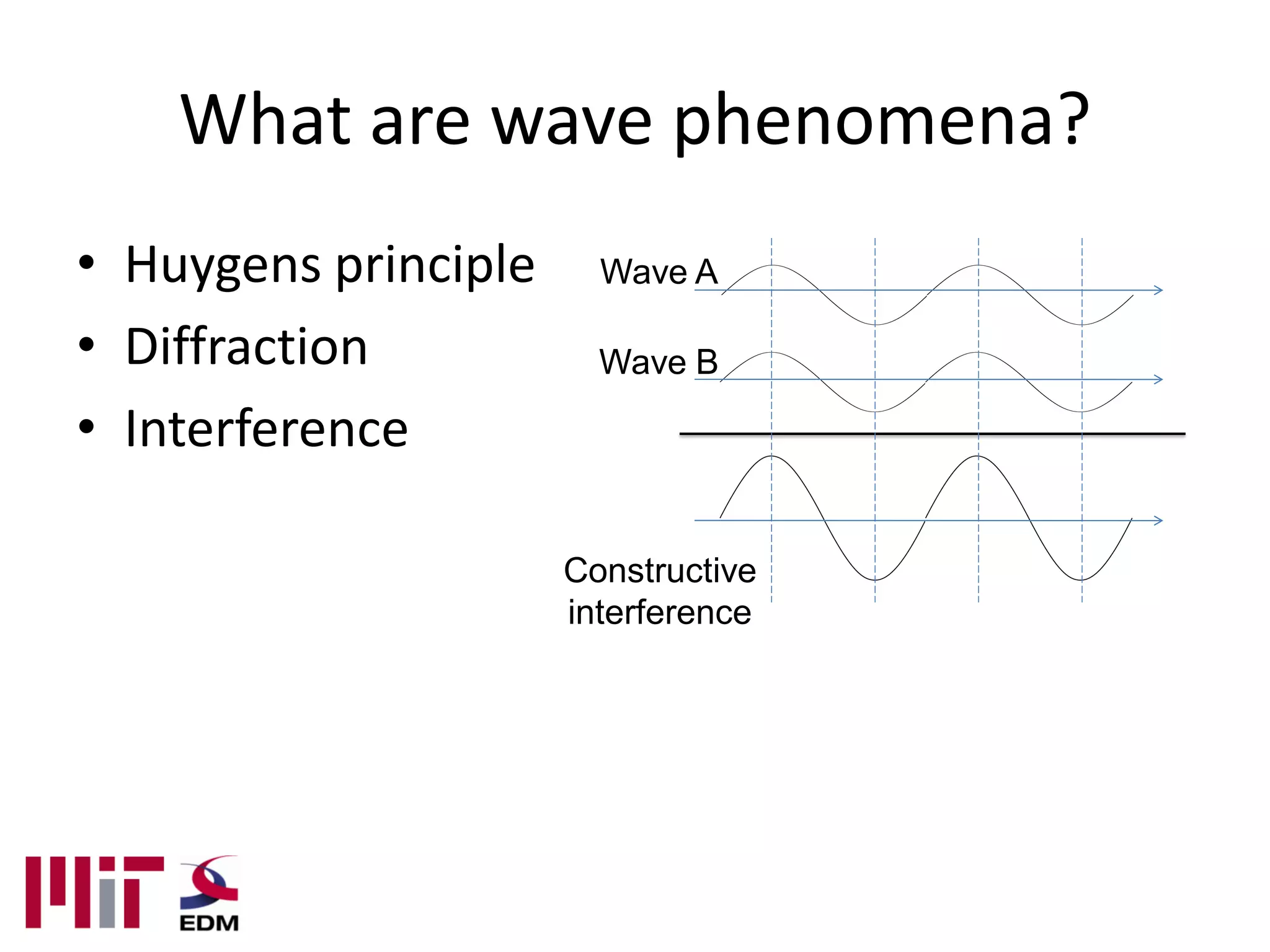 What are wave phenomena?
• Huygens principle     Wave A

• Diffraction           Wave B

• Interference

                      Constructive
                      interference
 