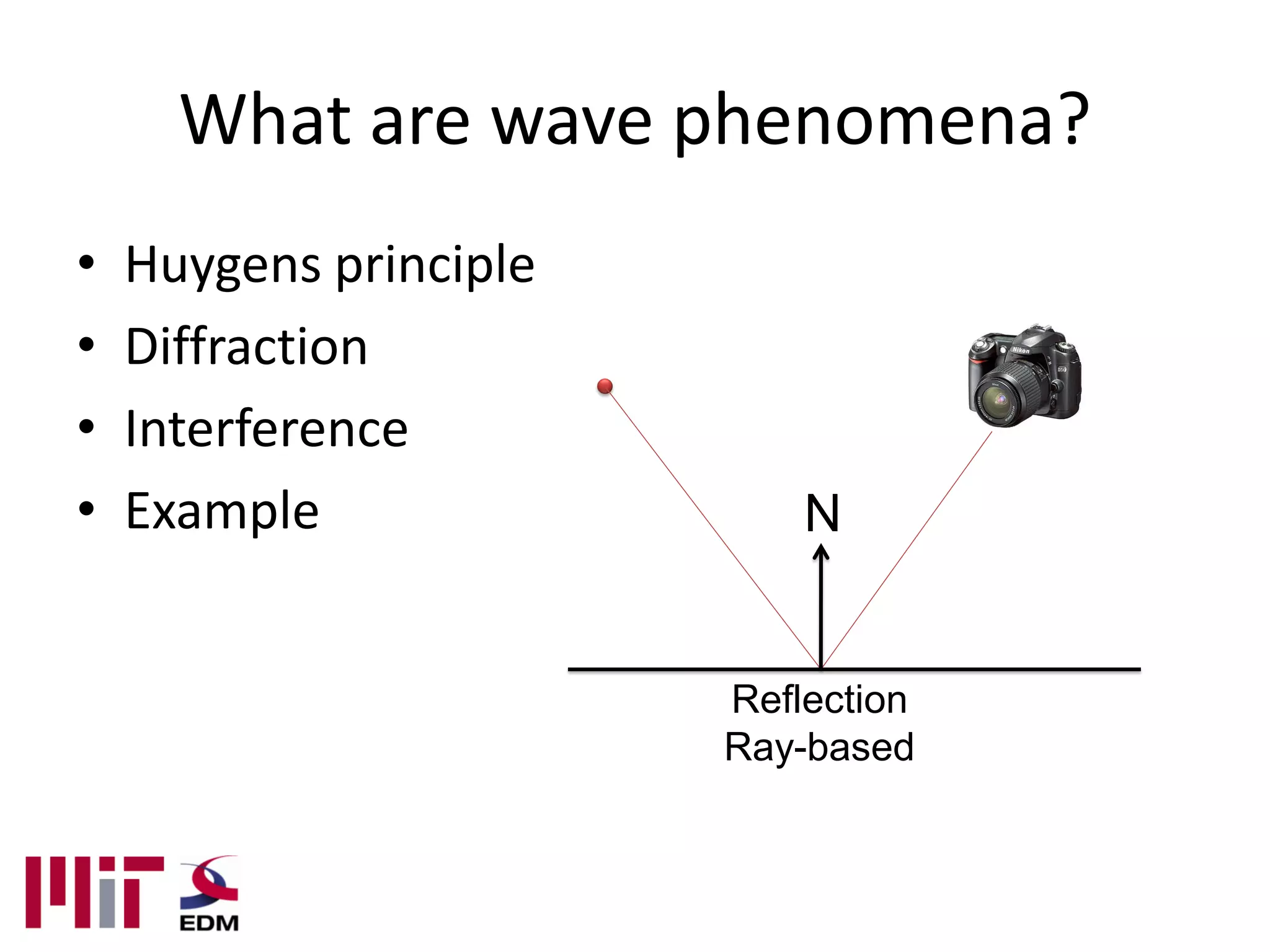 What are wave phenomena?
•   Huygens principle
•   Diffraction
•   Interference
•   Example                 N


                        Reflection
                        Ray-based
 