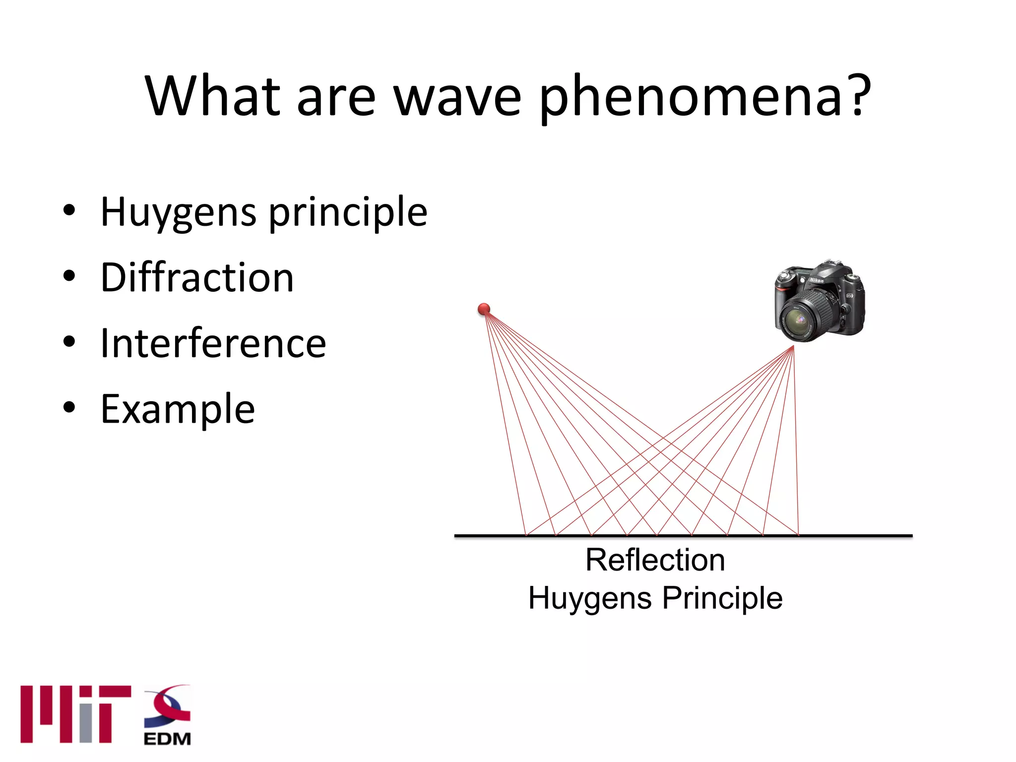 What are wave phenomena?
•   Huygens principle
•   Diffraction
•   Interference
•   Example


                           Reflection
                        Huygens Principle
 