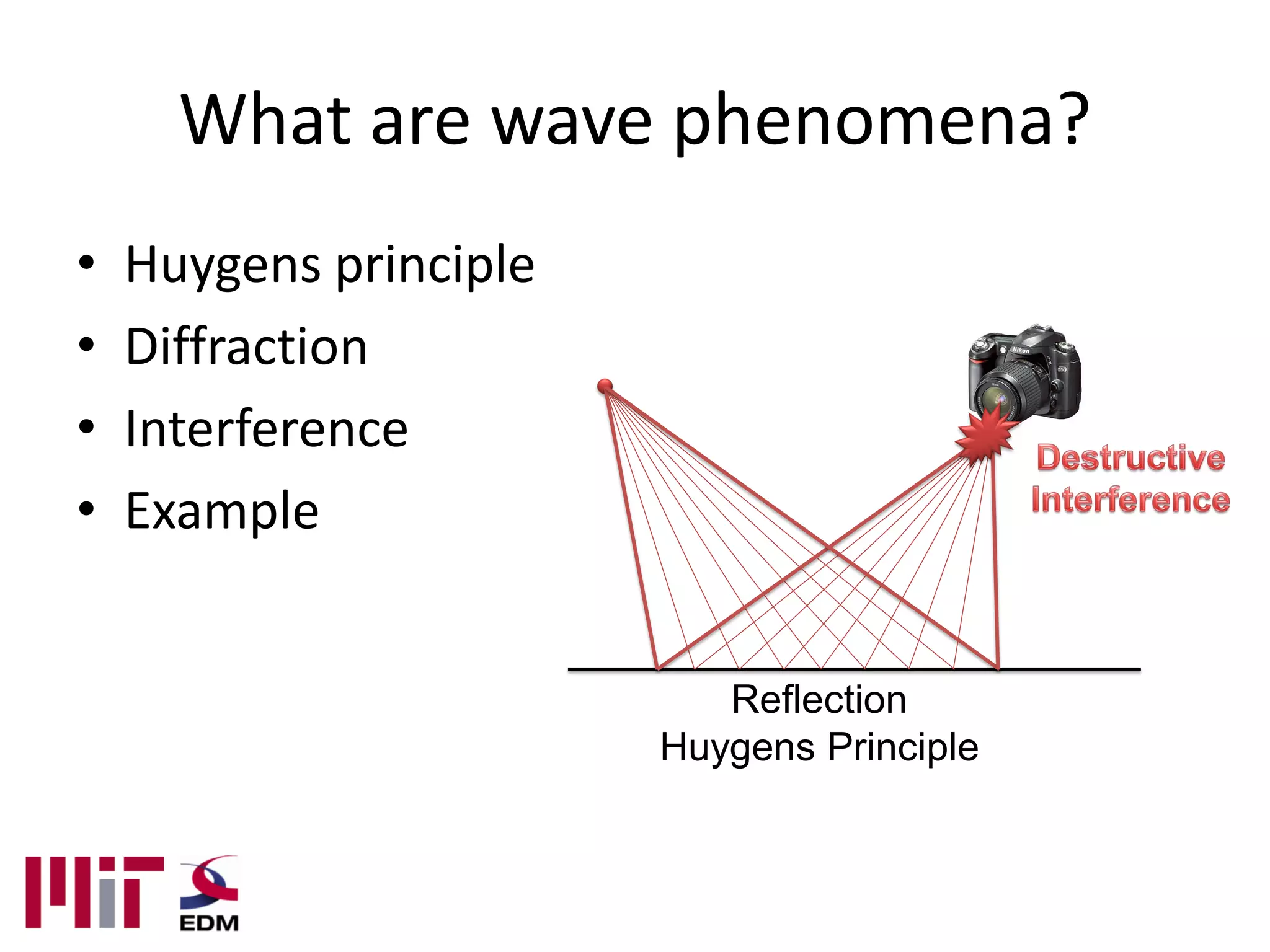 What are wave phenomena?
•   Huygens principle
•   Diffraction
•   Interference
•   Example


                           Reflection
                        Huygens Principle
 