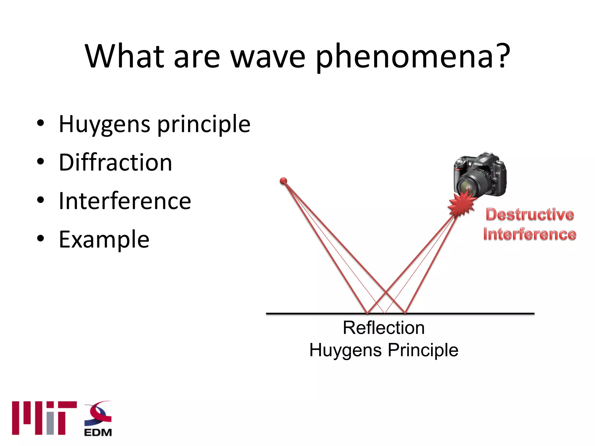 What are wave phenomena?
•   Huygens principle
•   Diffraction
•   Interference
•   Example


                           Reflection
                        Huygens Principle
 