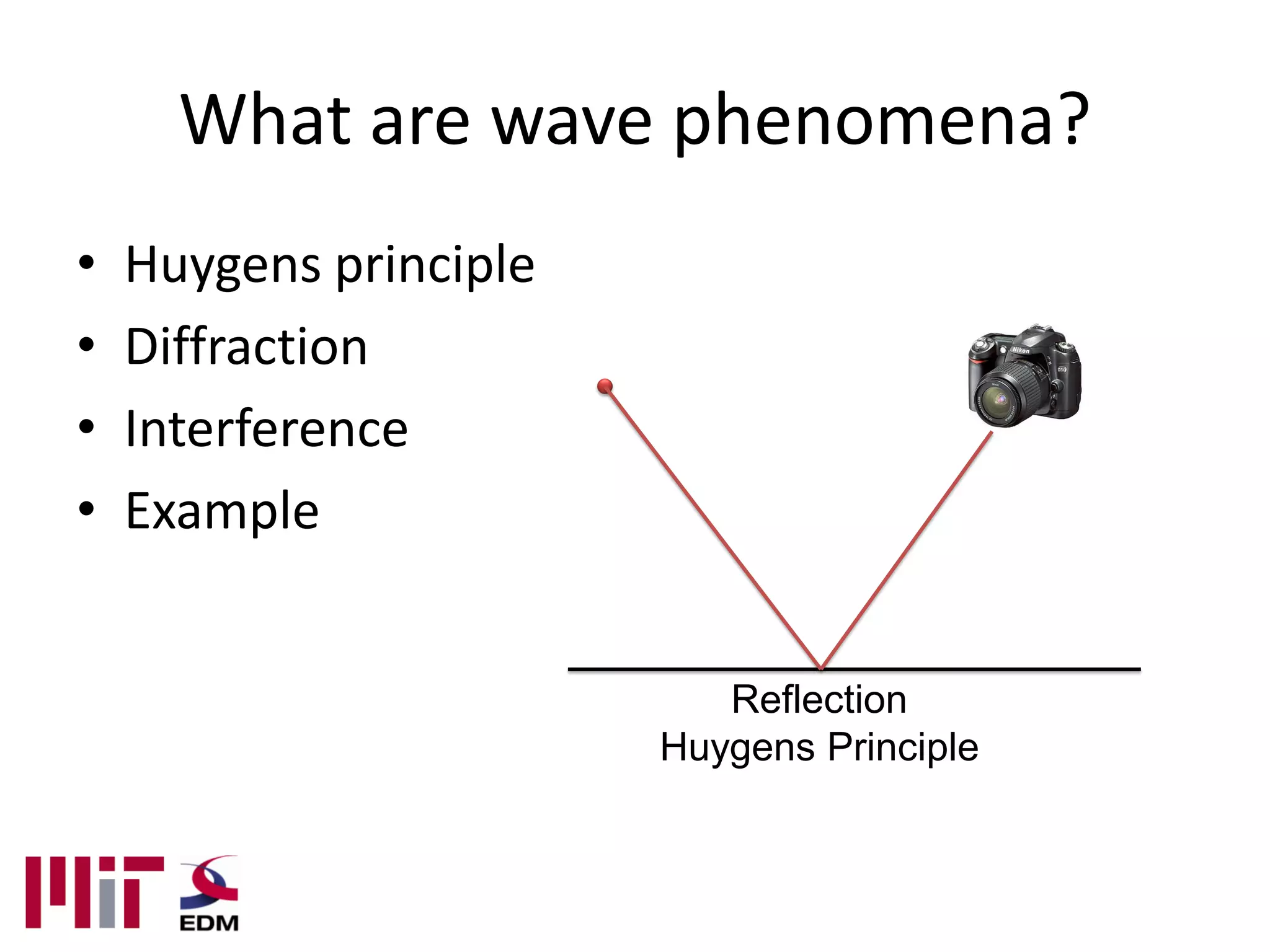 What are wave phenomena?
•   Huygens principle
•   Diffraction
•   Interference
•   Example


                           Reflection
                        Huygens Principle
 
