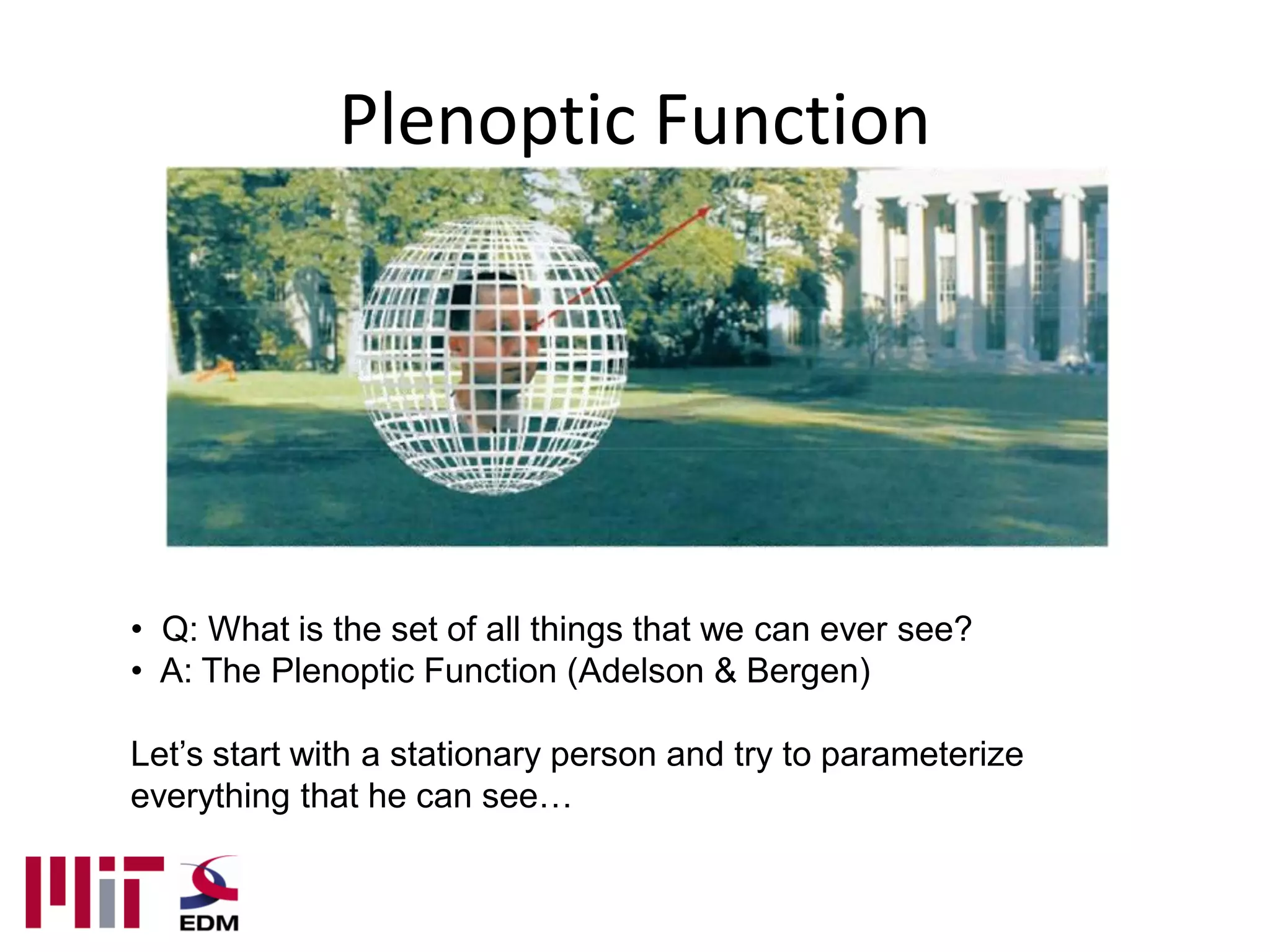 Plenoptic Function




• Q: What is the set of all things that we can ever see?
• A: The Plenoptic Function (Adelson & Bergen)

Let’s start with a stationary person and try to parameterize
everything that he can see…
 