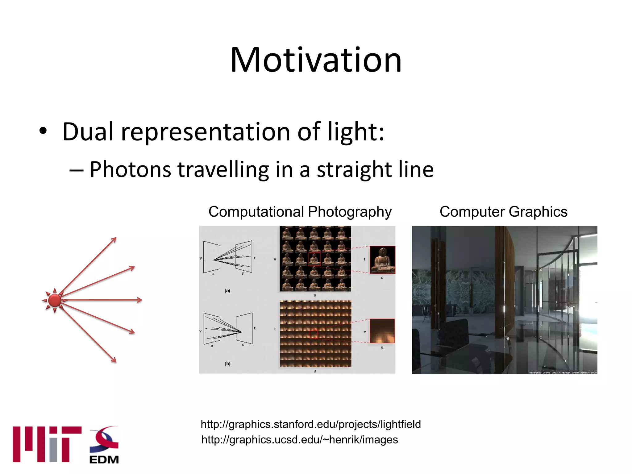 Motivation
• Dual representation of light:
  – Photons travelling in a straight line
                 Computational Photography                         Computer Graphics




                http://graphics.stanford.edu/projects/lightfield
                http://graphics.ucsd.edu/~henrik/images
 