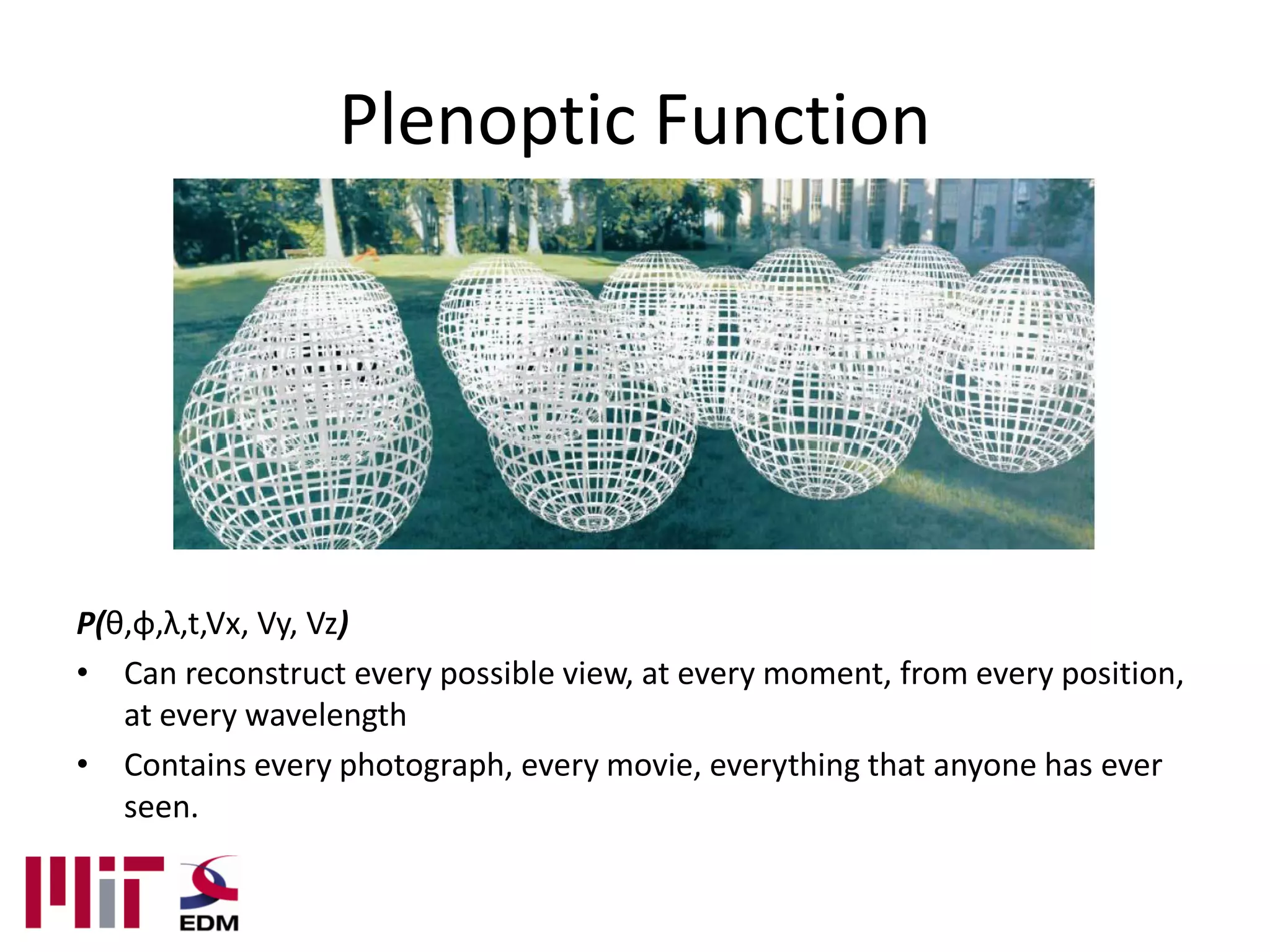 Plenoptic Function




P(θ,φ,λ,t,Vx, Vy, Vz)
• Can reconstruct every possible view, at every moment, from every position,
   at every wavelength
• Contains every photograph, every movie, everything that anyone has ever
   seen.
 