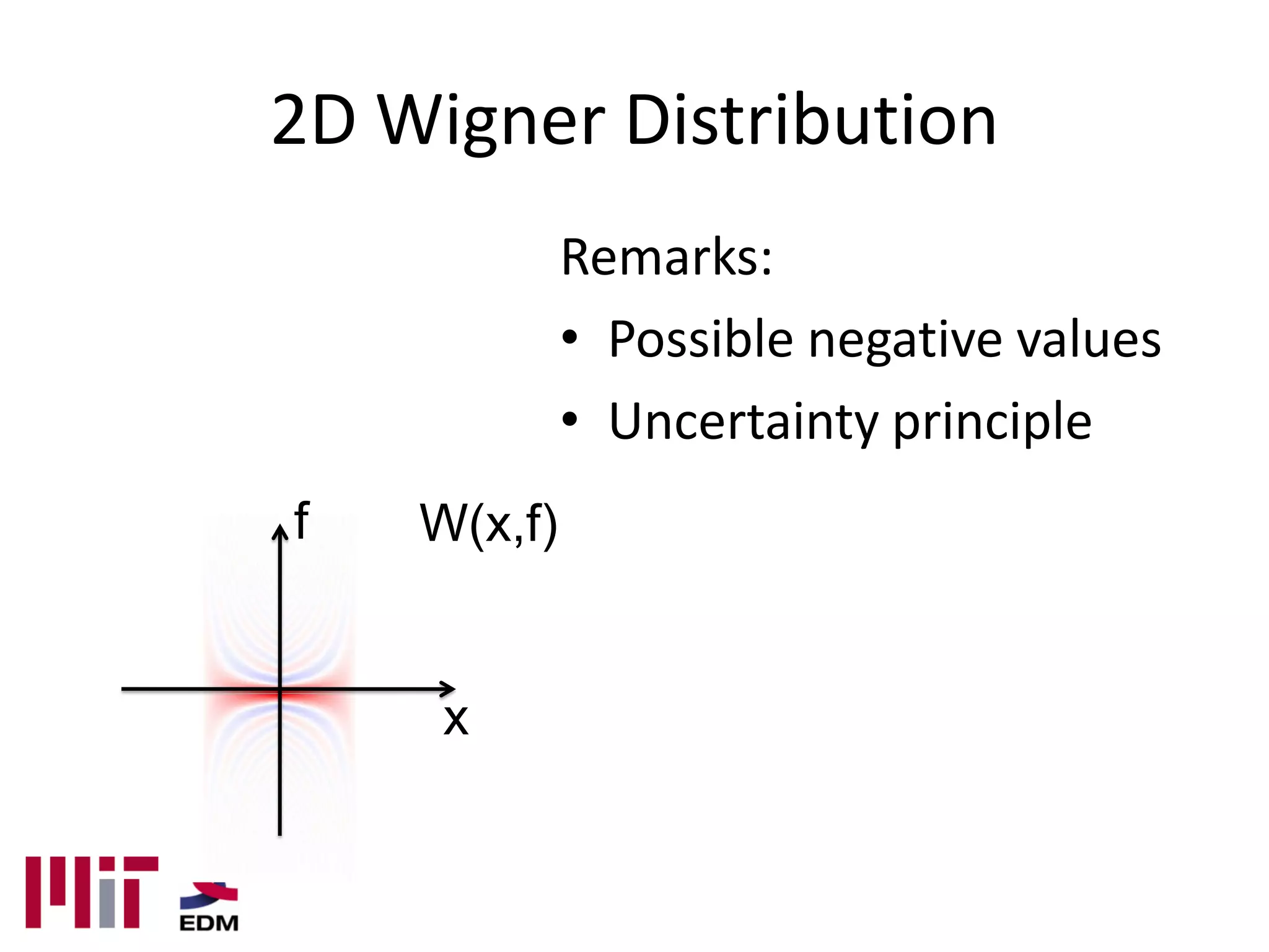 2D Wigner Distribution
             Remarks:
             • Possible negative values
             • Uncertainty principle
f   W(x,f)


     x
 