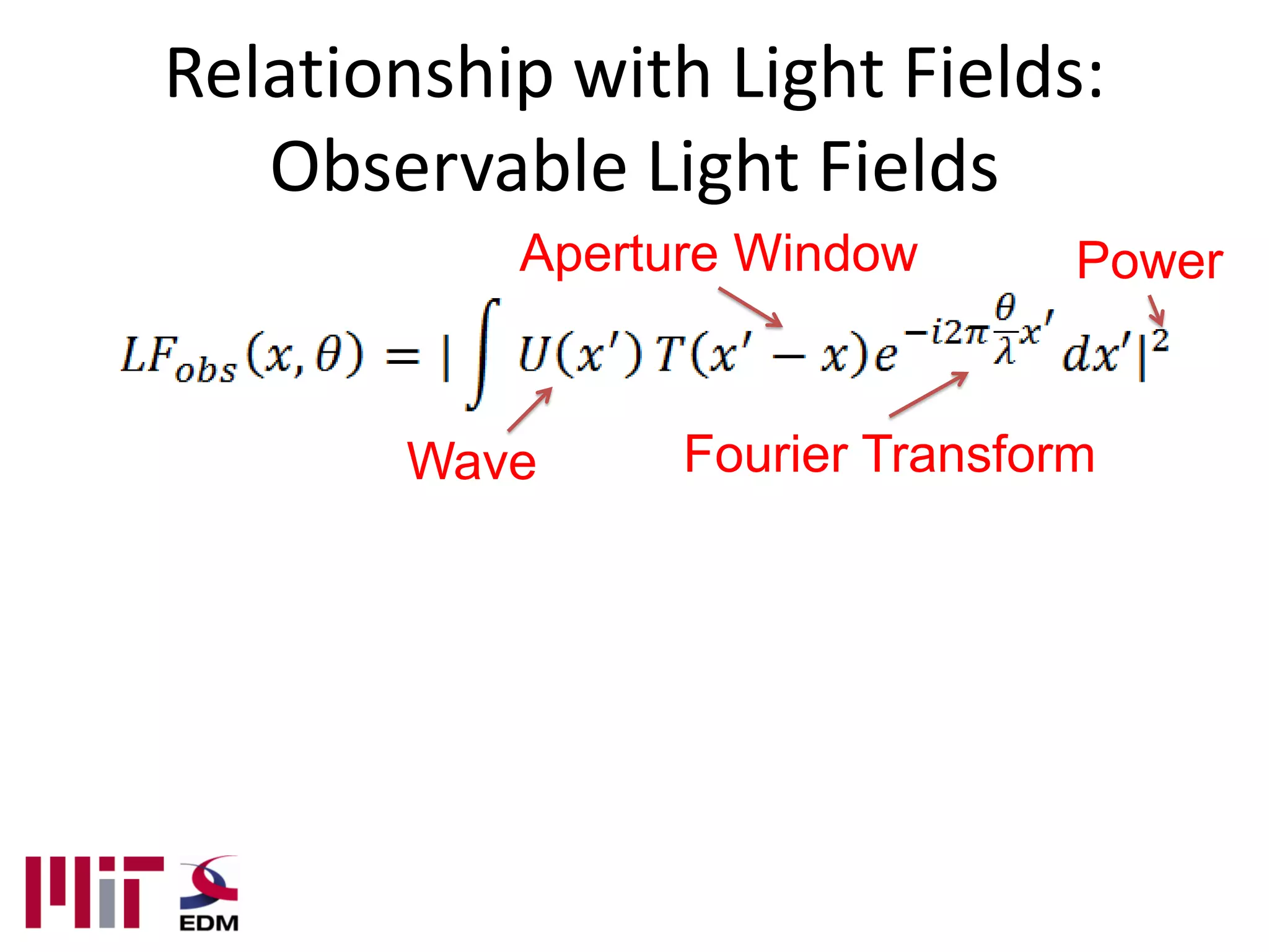 Relationship with Light Fields:
   Observable Light Fields
           Aperture Window       Power


       Wave      Fourier Transform
 