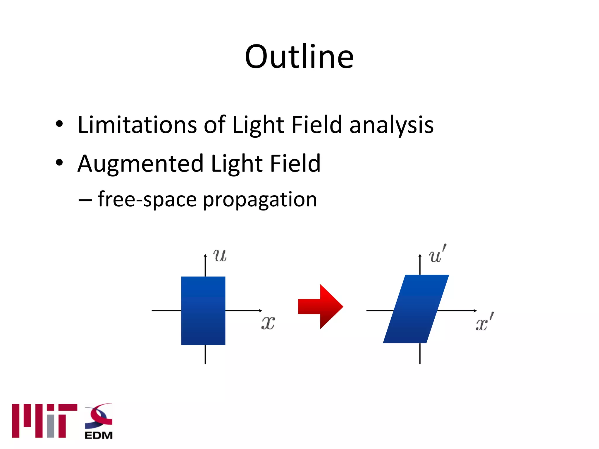 Outline
• Limitations of Light Field analysis
• Augmented Light Field
  – free-space propagation
 