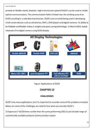 OLED TECHNOLOGY
19
printed on flexible sheets of plastic. High transmission speed of OLED’s can be used in visible
optical communications. The communication field is limited near the emitting area of an
OLED, resulting in a safedata transmission. OLED’s arecurrently being used in developing
small screen devices such as cell phones, PDA’s, DVD players and digital cameras. Its ability to
be foldable and flexible makes it weight and space saving technology. In March 2003, Kodak
released a firstdigital camera using OLED display.
Figure: Applications of OLED
CHAPTER 12
CHALLENGES
OLED’s has many applications, but it is important to consider someof the problems involved.
Below are some of the challenges we need to face when we consider OLED’s:
1) Expensive (~10/20 times costlier than the same performing LED) 2) Lack of wide range of
commercially available products Communication aspect:
 